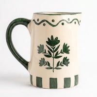 Hand-Painted Ceramic Green Floral Striped Pitcher