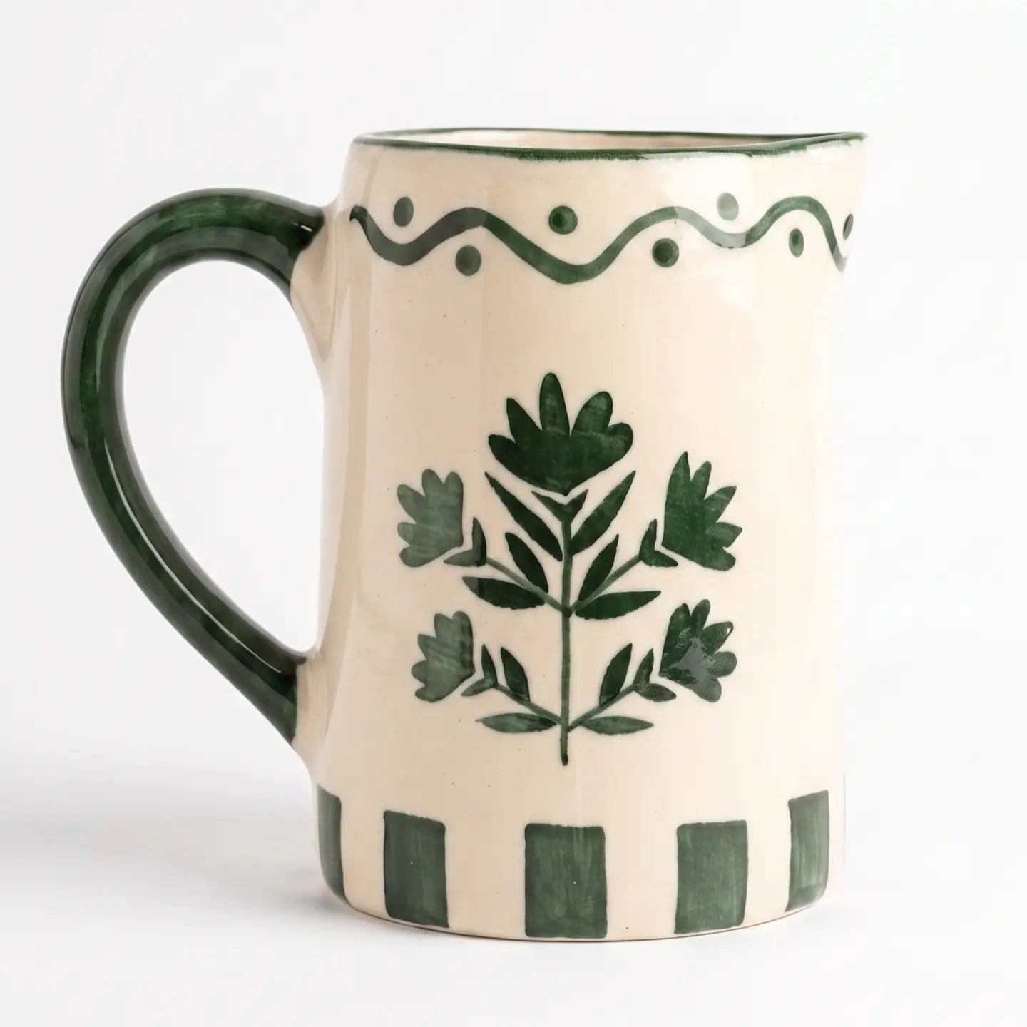 Hand-Painted Ceramic Green Floral Striped Pitcher