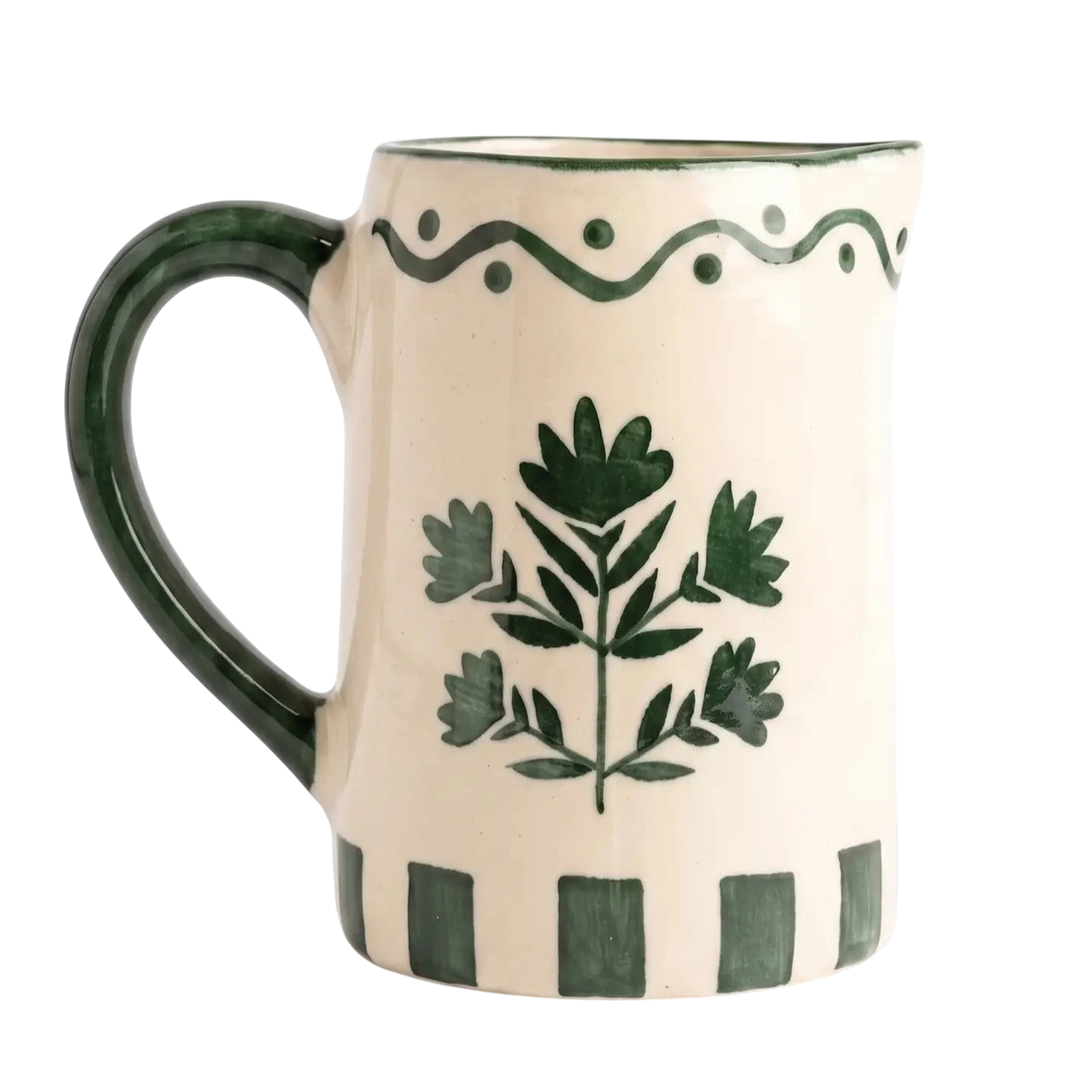 Hand-Painted Ceramic Green Floral Striped Pitcher
