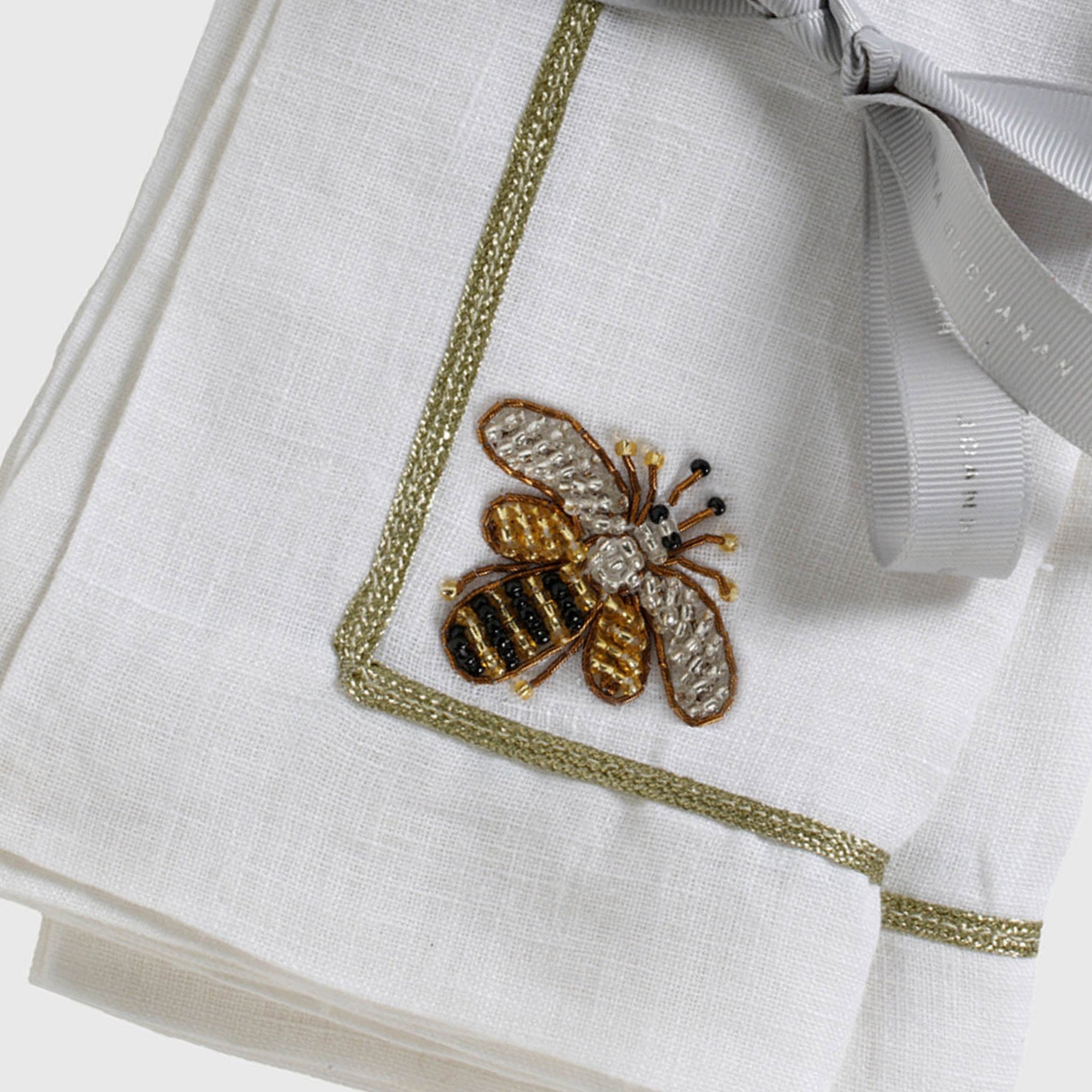 Stripey Bee Linen Dinner Napkins - White (Set of 2)