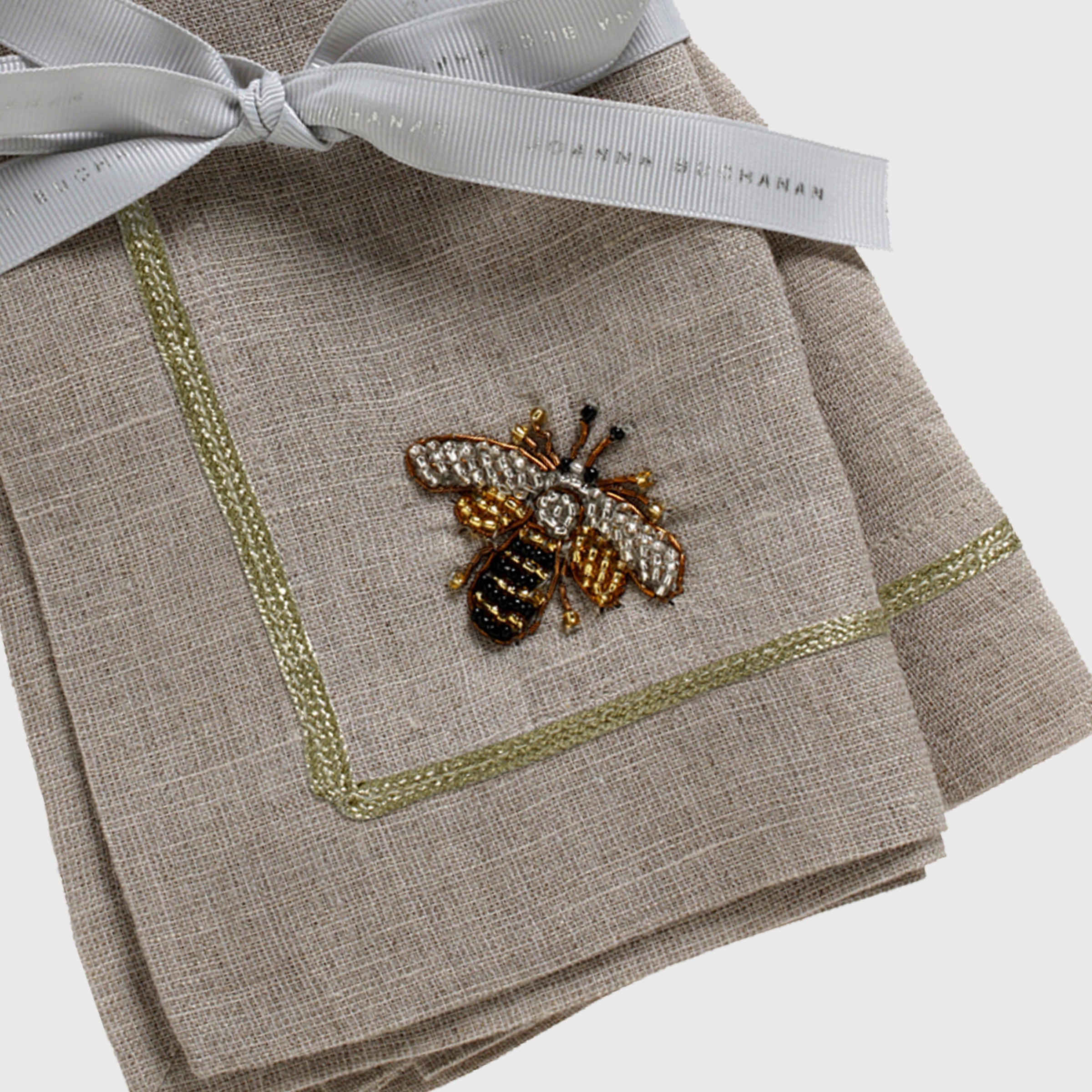 Stripey Bee Linen Dinner Napkins - Flax (Set of 2)
