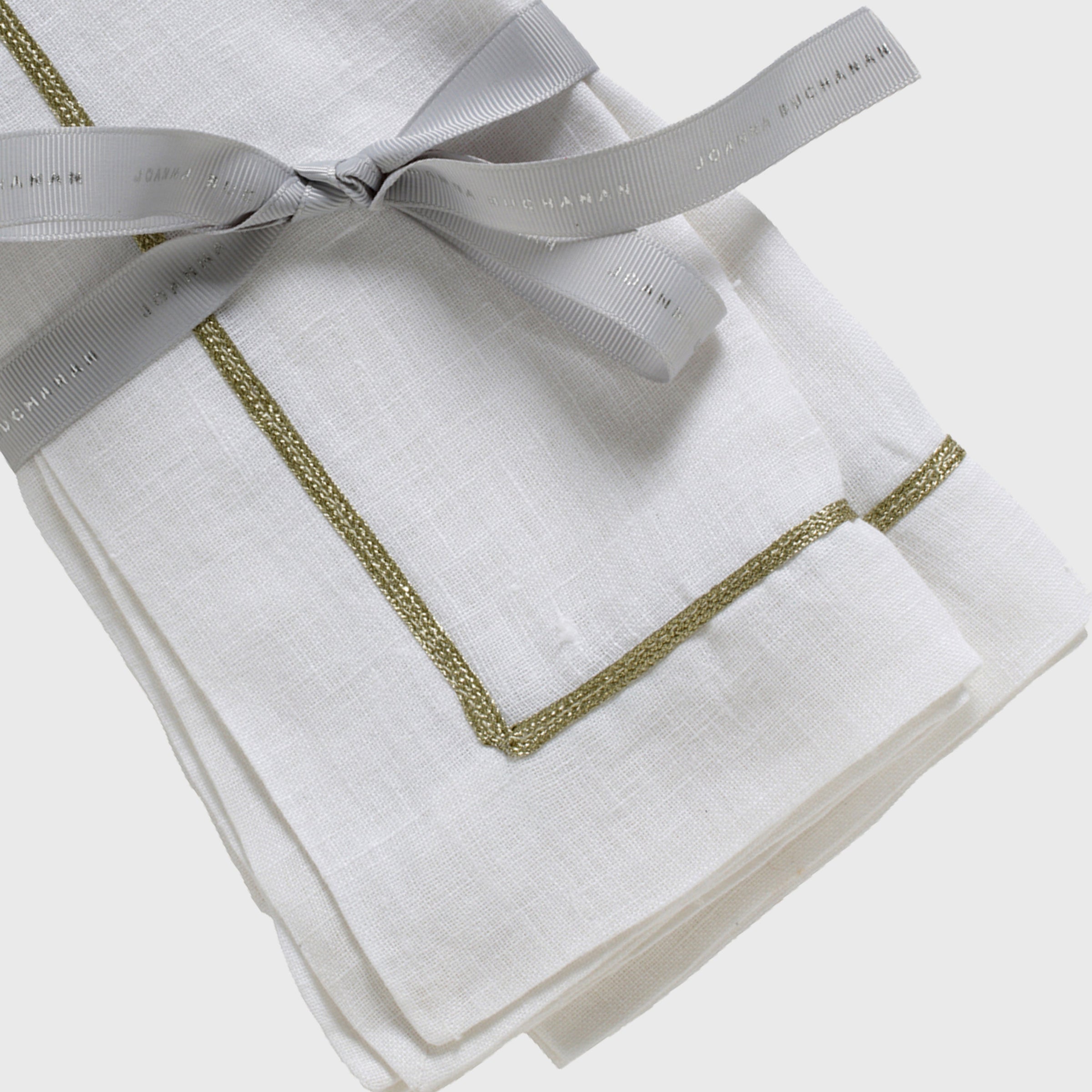 Gold Trim Linen Dinner Napkins - White (Set of 2)