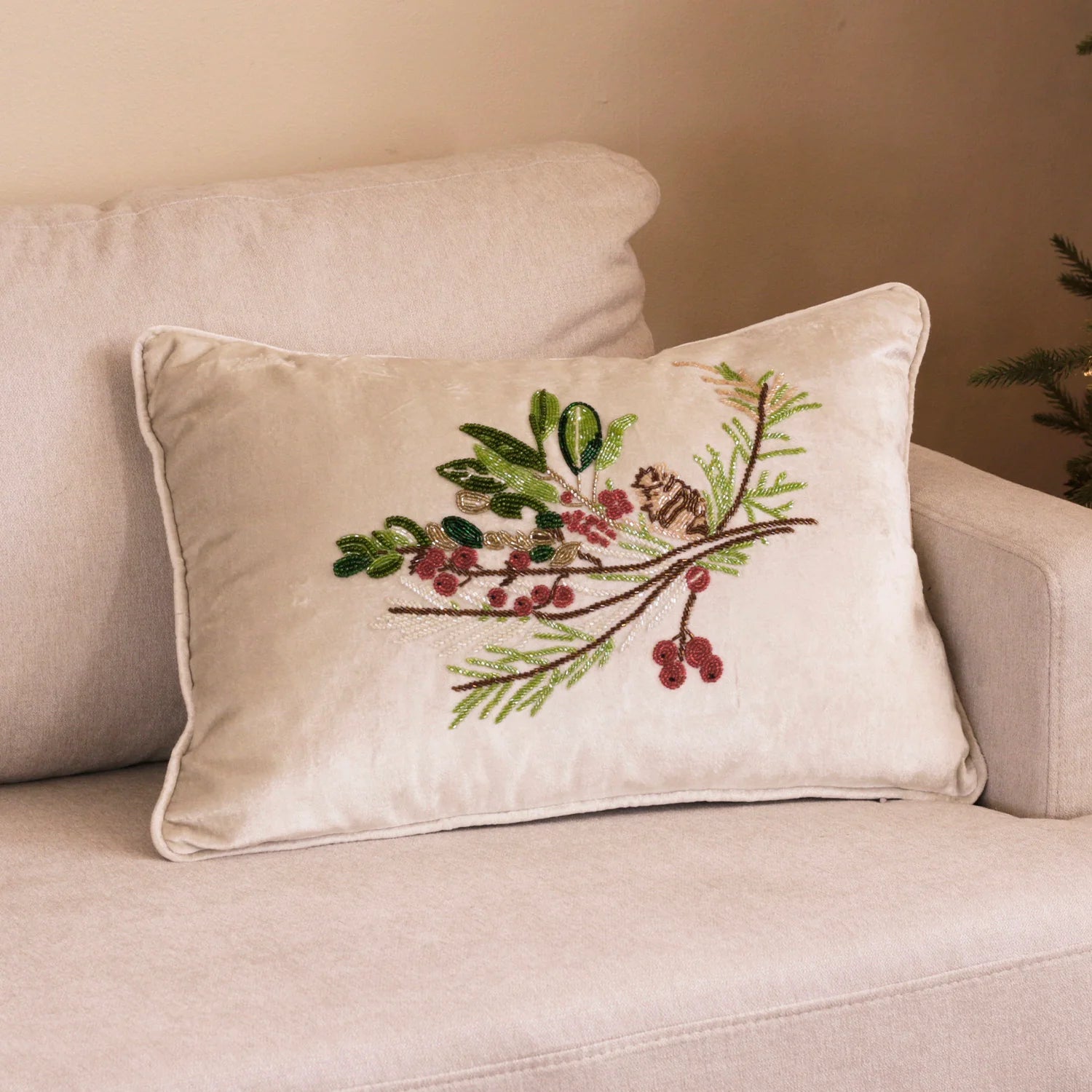 Holiday Pinecone and Holly Throw Pillow