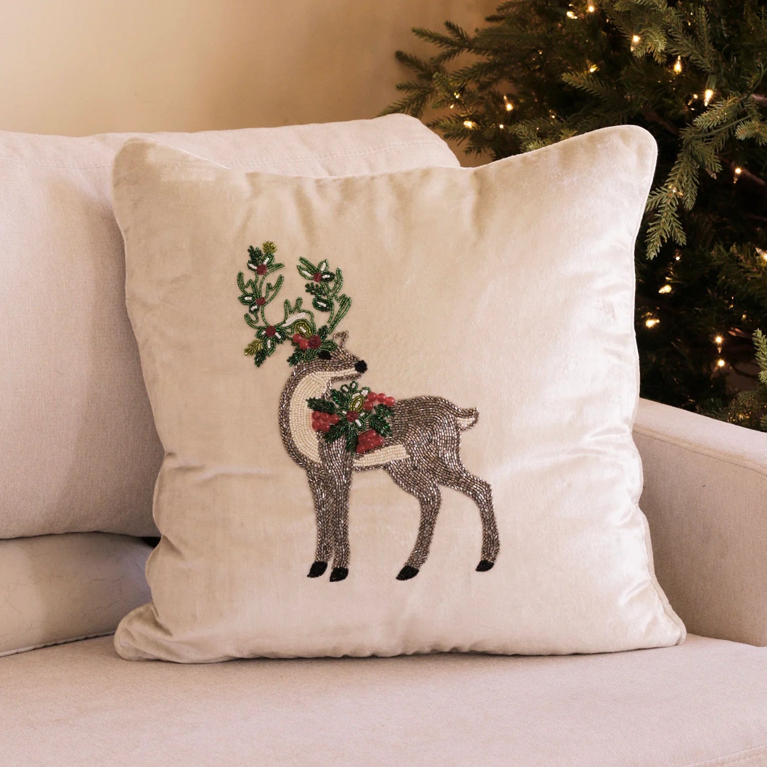 Holiday Standing Reindeer with Wreath Throw Pillow