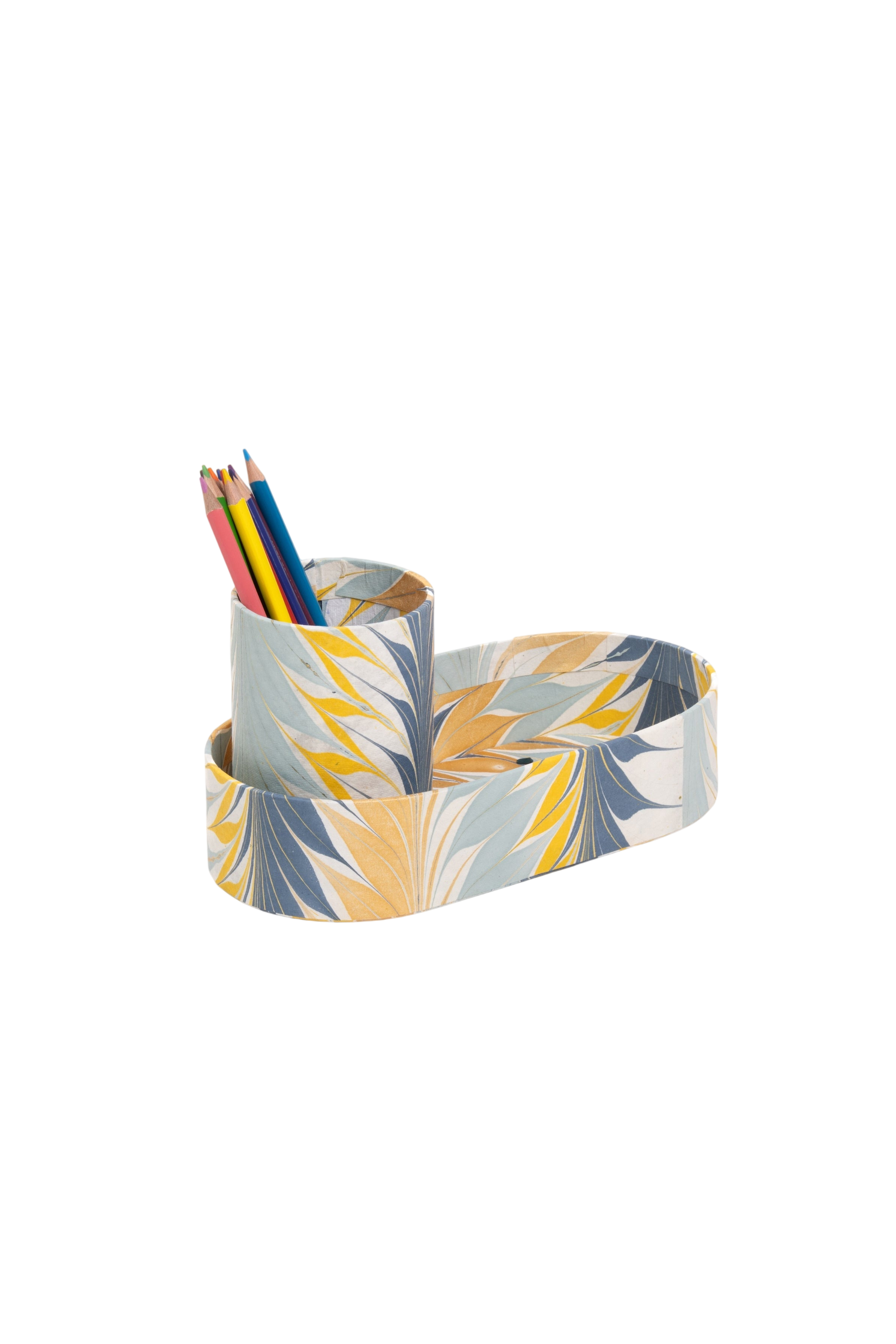 Hand-Marbled Desk Tray & Pencil Holder Organizer in Golden Blue Marbling