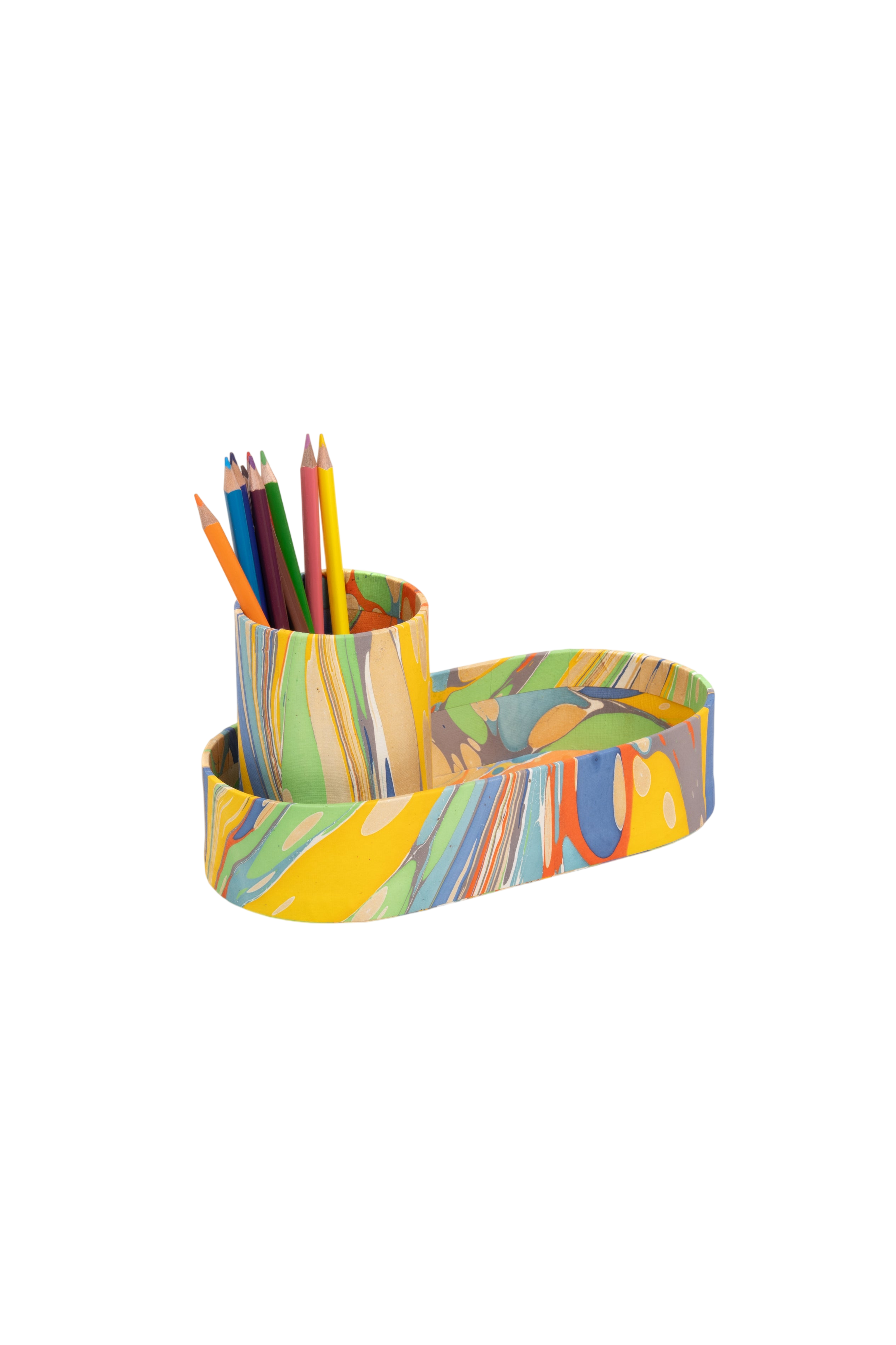 Hand-Marbled Desk Tray & Pencil Holder Organizer in Rainbow Marbling