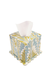 Hand-Marbled Scallop Tissue Box Cover in Robin Blue