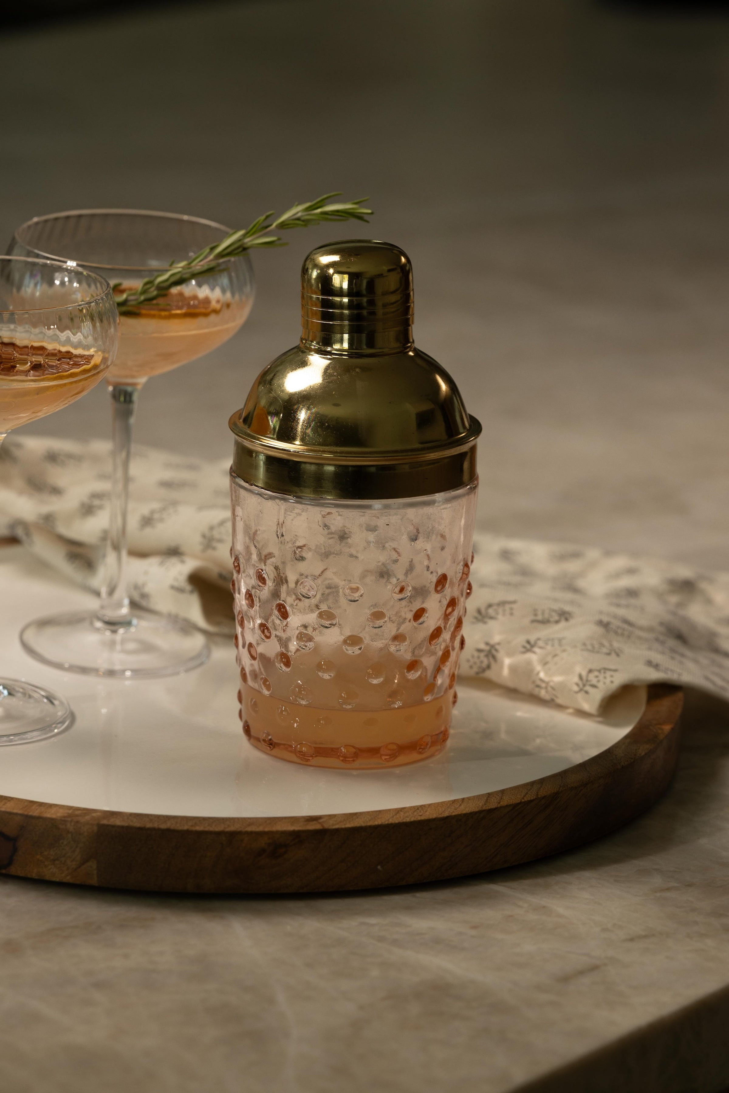 Pink + Gold Glass Hobnail Cocktail Shaker