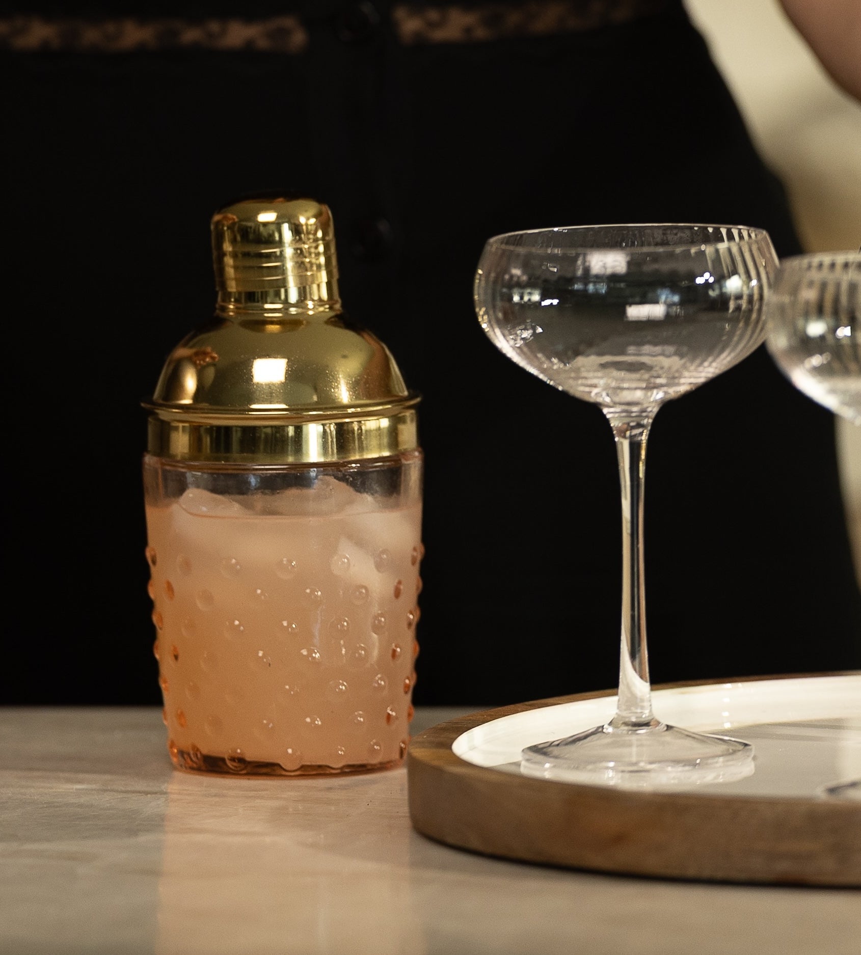 Pink + Gold Glass Hobnail Cocktail Shaker