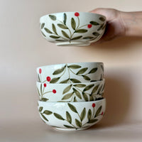 Olive Holly Leaf Bowl | Handpainted Stoneware | 2.5 x 5.5 in (Set of 2)