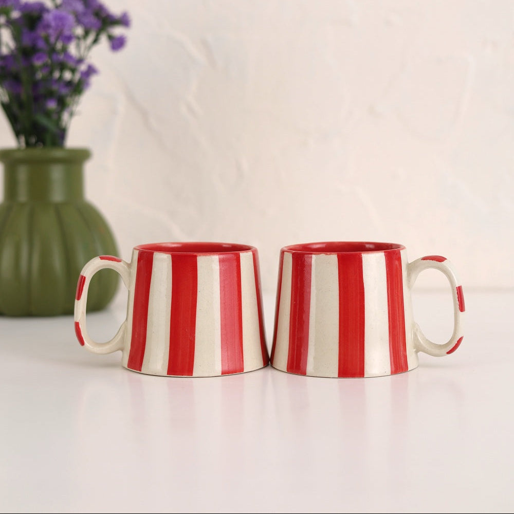 Ceramic Stripe Coffee Cup - Red (Set of 2)
