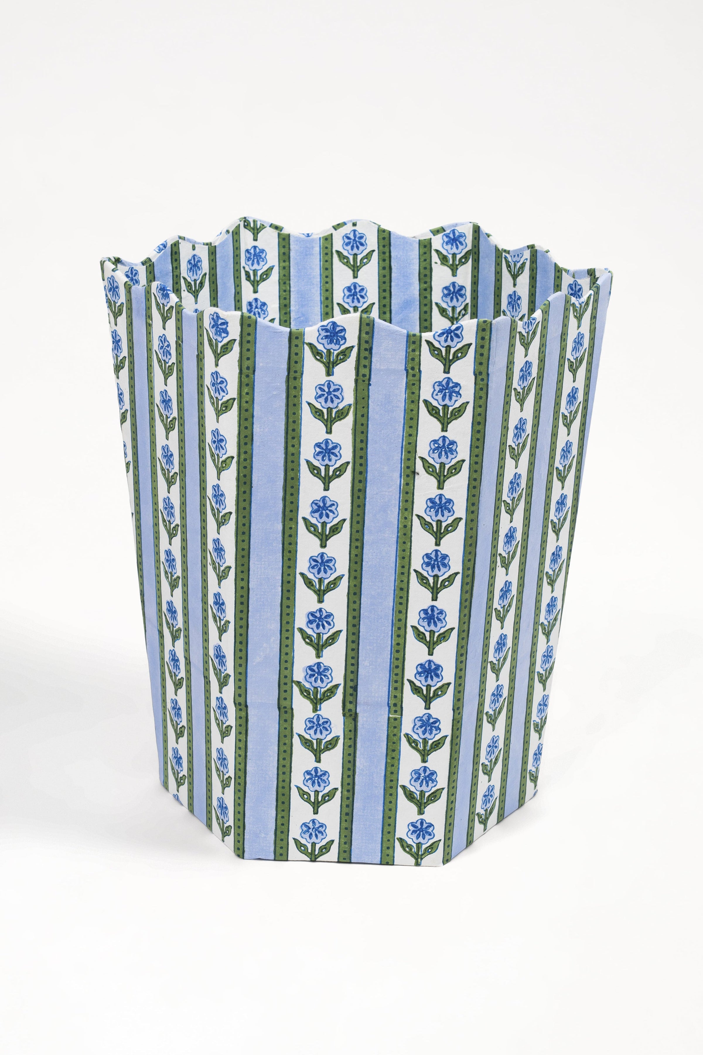 Cottage Garden Blockprint Scallop Waste Bin / Storage Bin in Blue