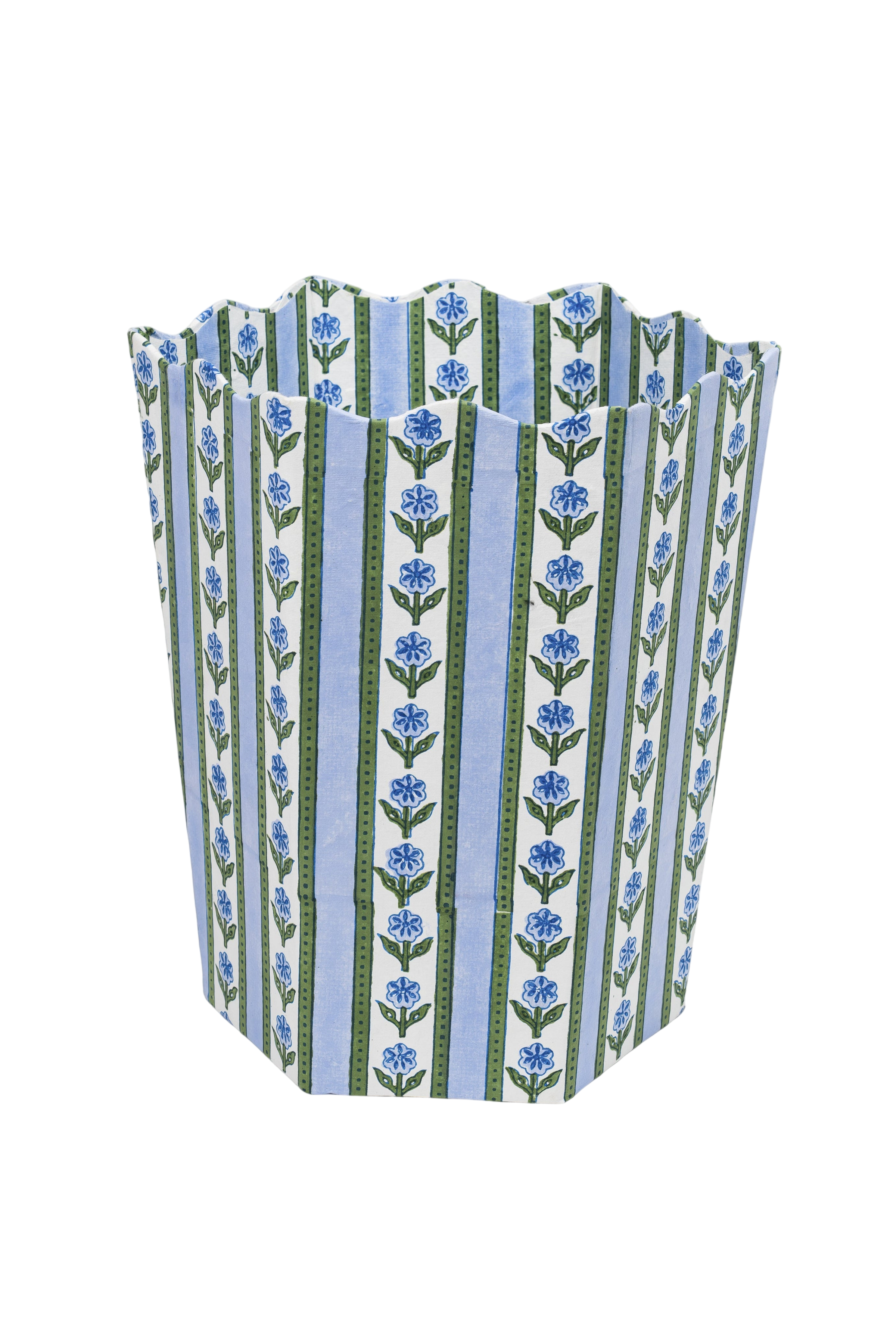Cottage Garden Blockprint Scallop Waste Bin / Storage Bin in Blue