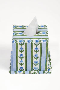 Cottage Garden Blockprint Scallop Tissue Box Cover in Blue