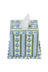 Cottage Garden Blockprint Scallop Tissue Box Cover in Blue