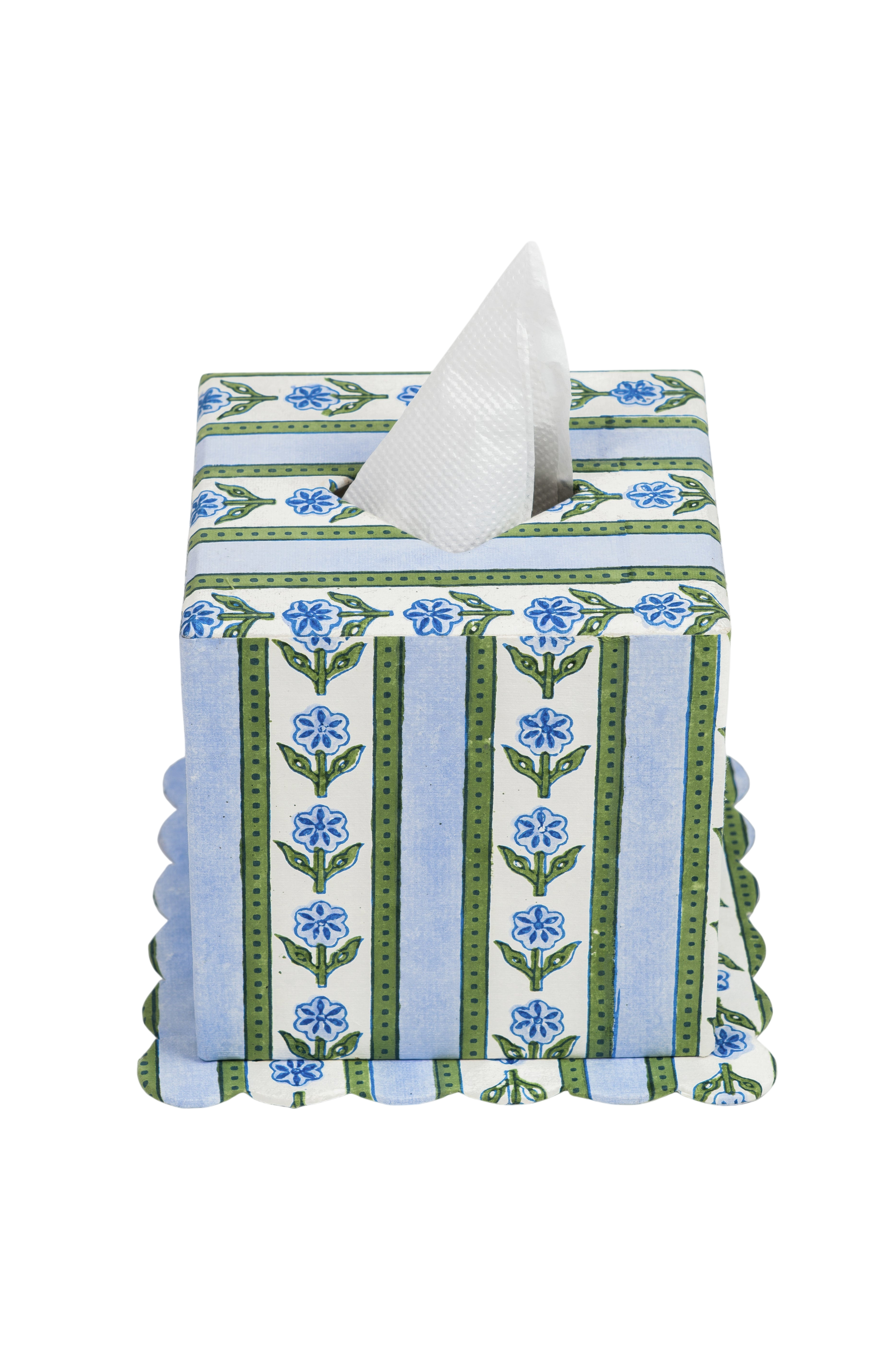 Cottage Garden Blockprint Scallop Tissue Box Cover in Blue