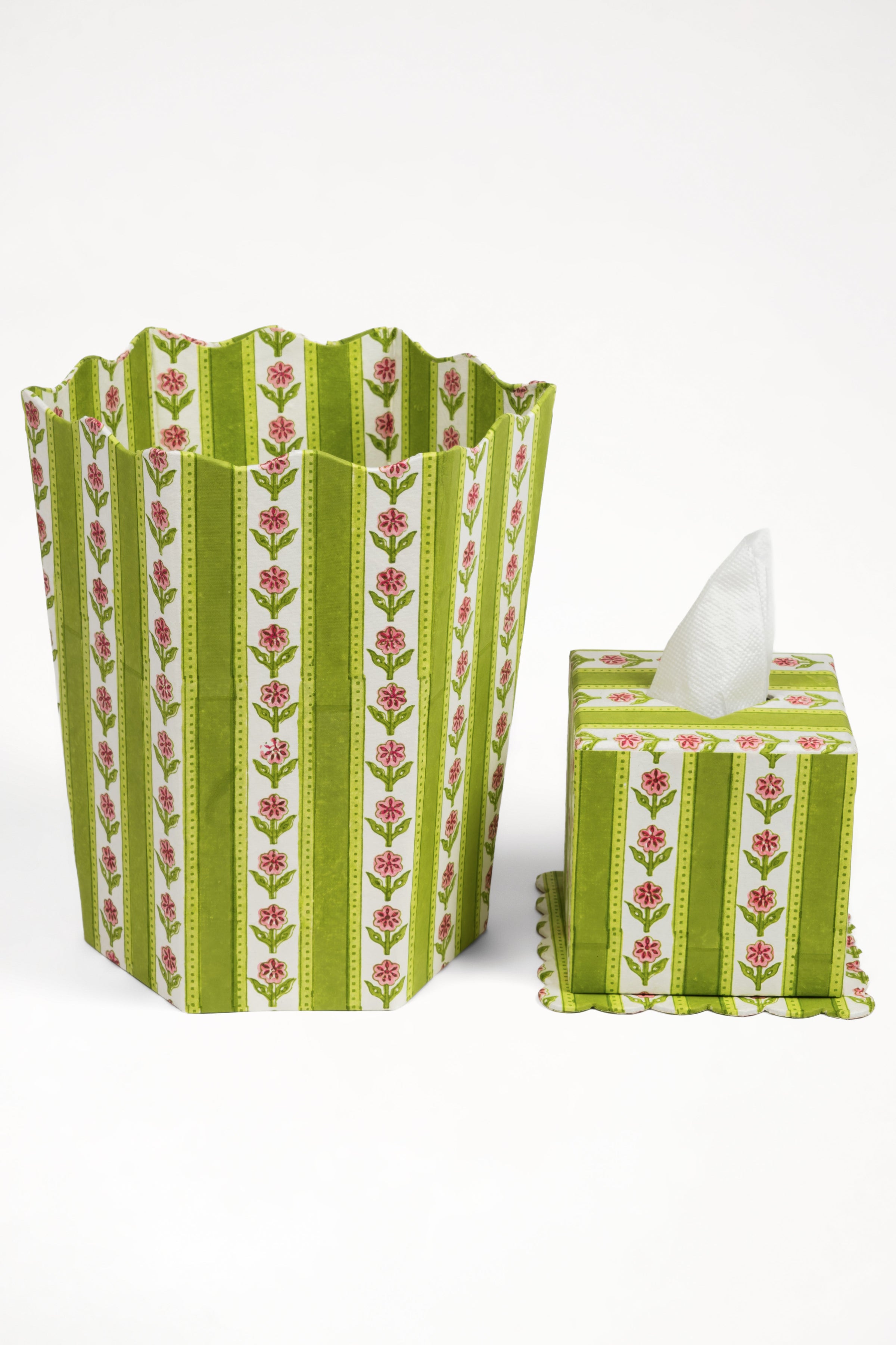 Cottage Garden Blockprint Scallop Waste Bin / Storage Bin in Green