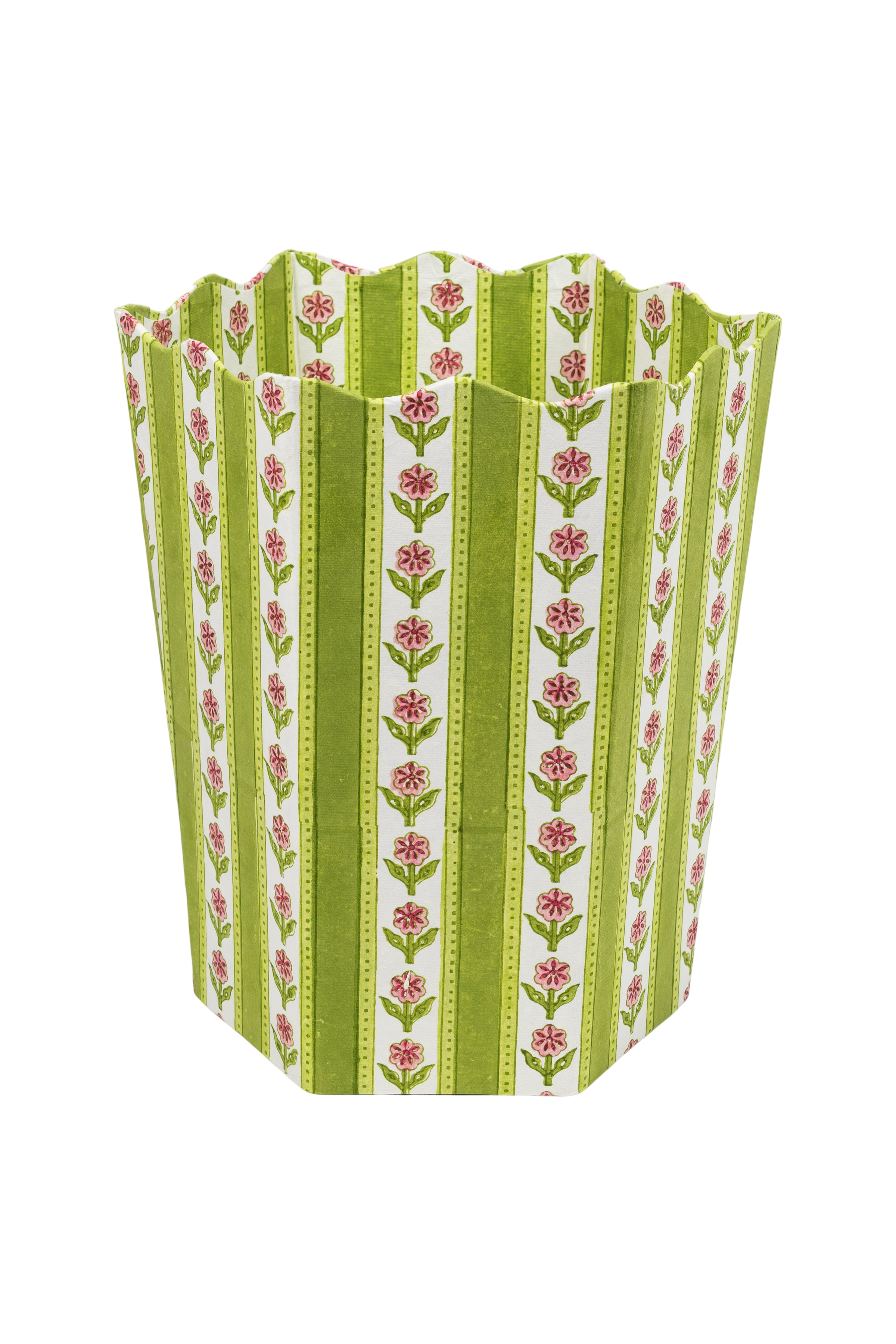 Cottage Garden Blockprint Scallop Waste Bin / Storage Bin in Green