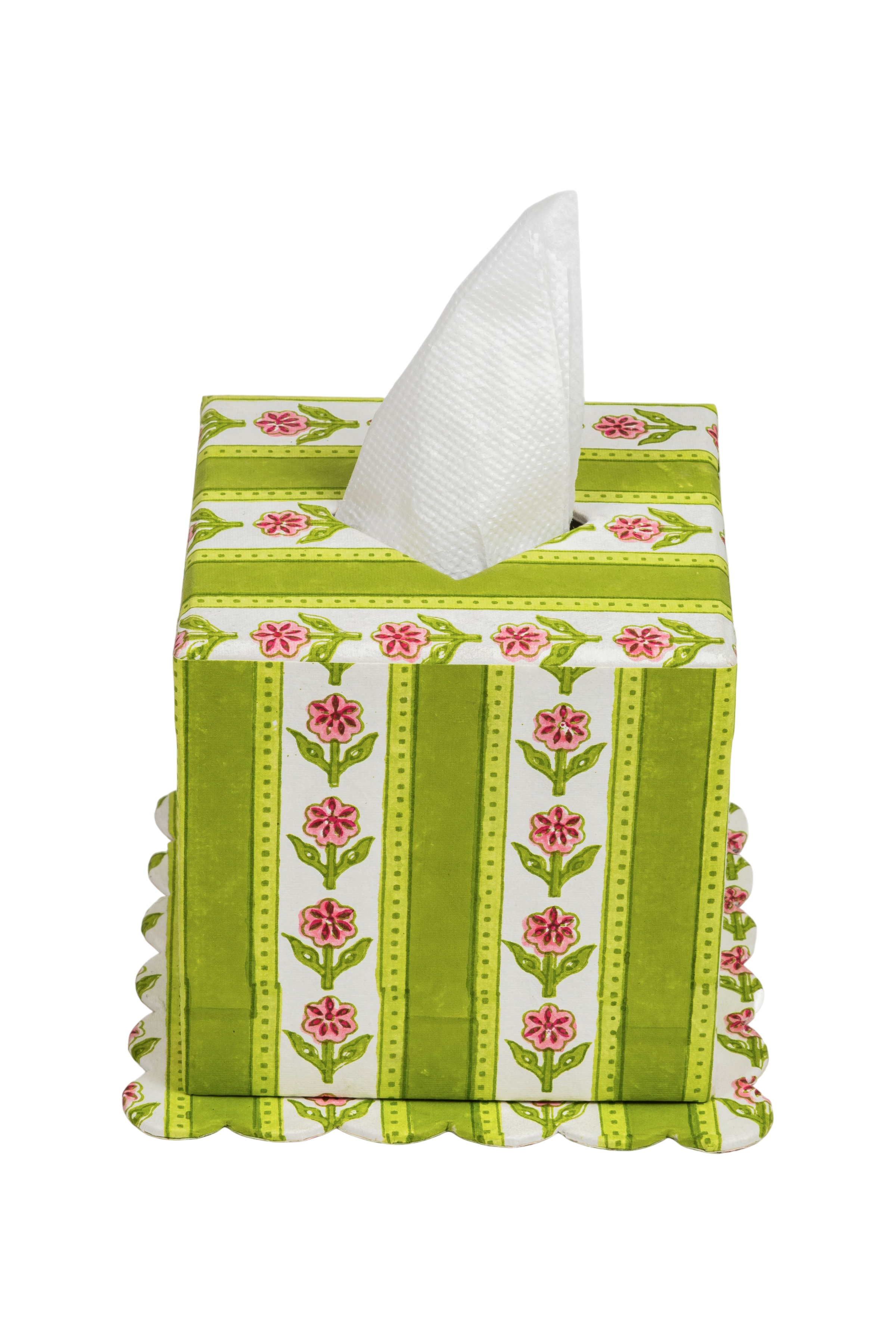 Cottage Garden Blockprint Scallop Tissue Box Cover in Green