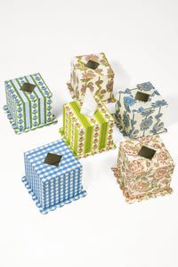 Floral Vines Blockprint Scallop Tissue Box Cover in Blue