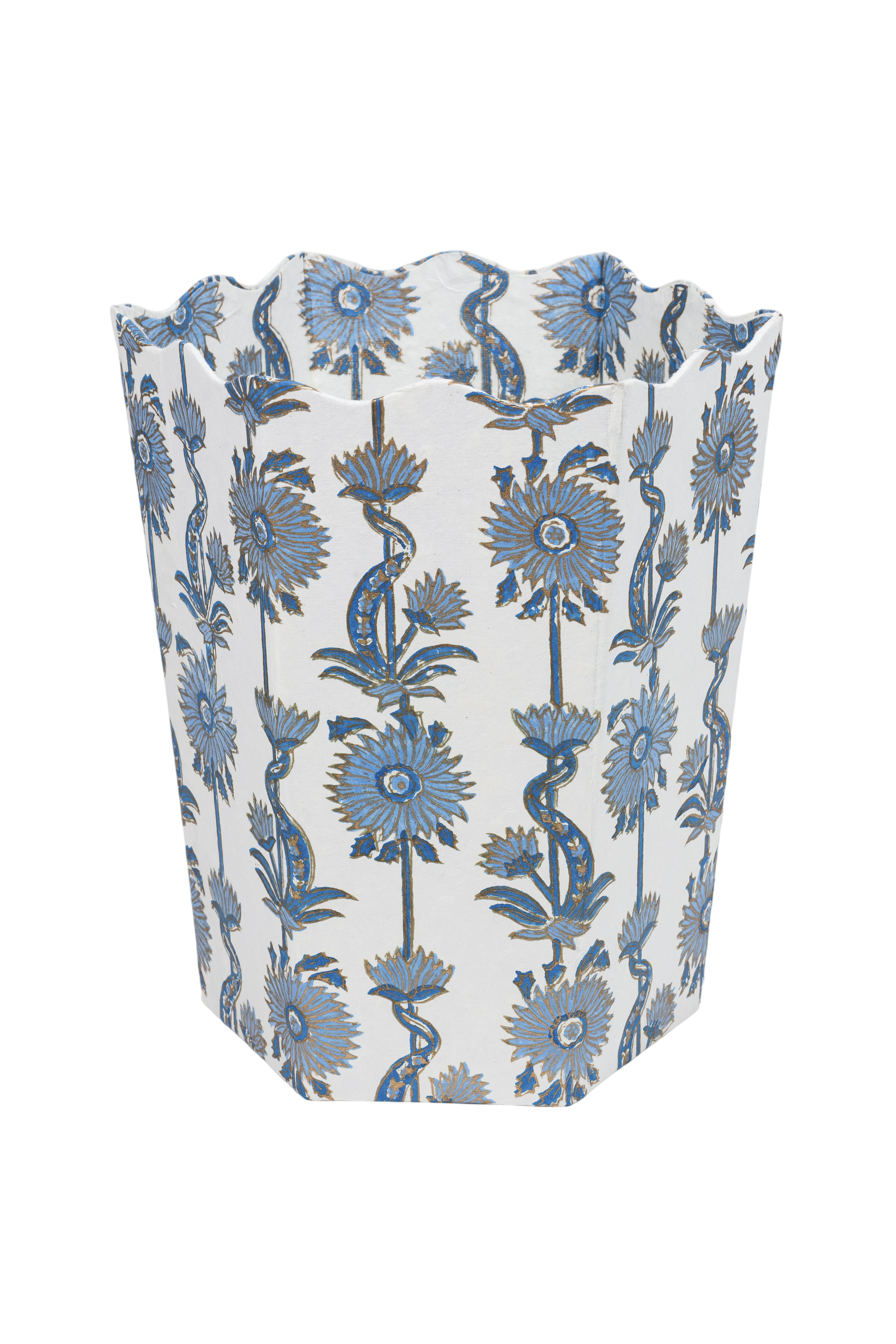 Floral Vines Blockprint Scallop Waste Bin / Storage Bin in Blue