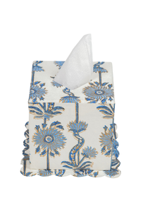 Floral Vines Blockprint Scallop Tissue Box Cover in Blue
