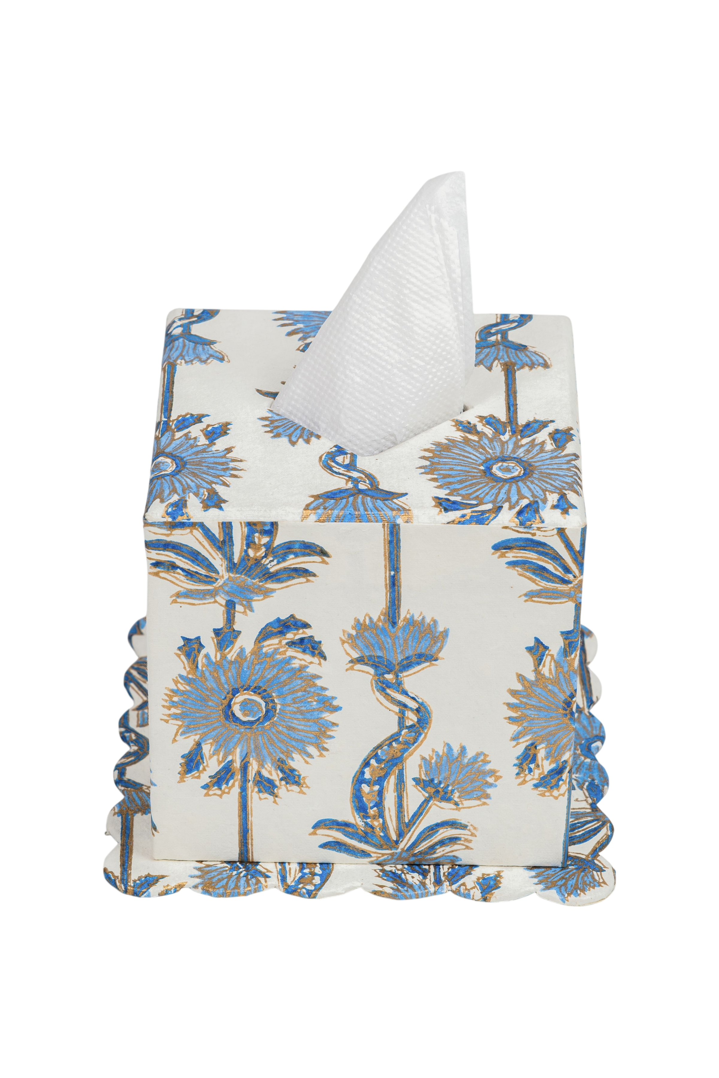 Floral Vines Blockprint Scallop Tissue Box Cover in Blue