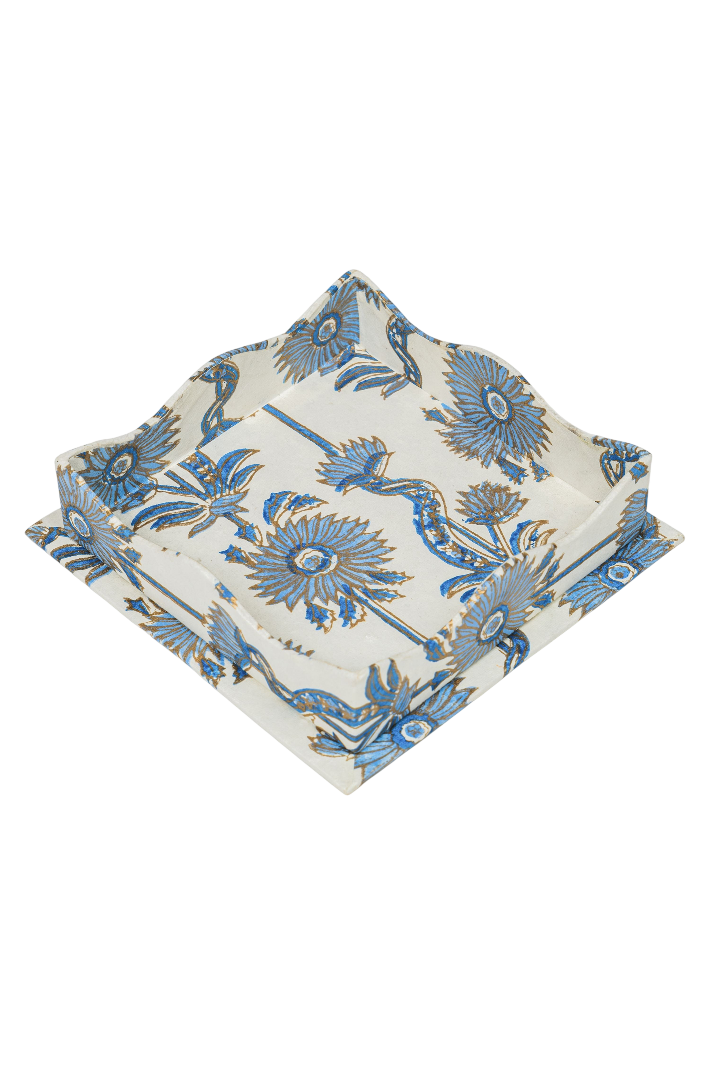 Nesting Scalloped Floral Vines Blockprint Trays in Blue