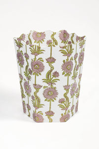 Floral Vines Blockprint Scallop Waste Bin / Storage Bin in Lilac Purple