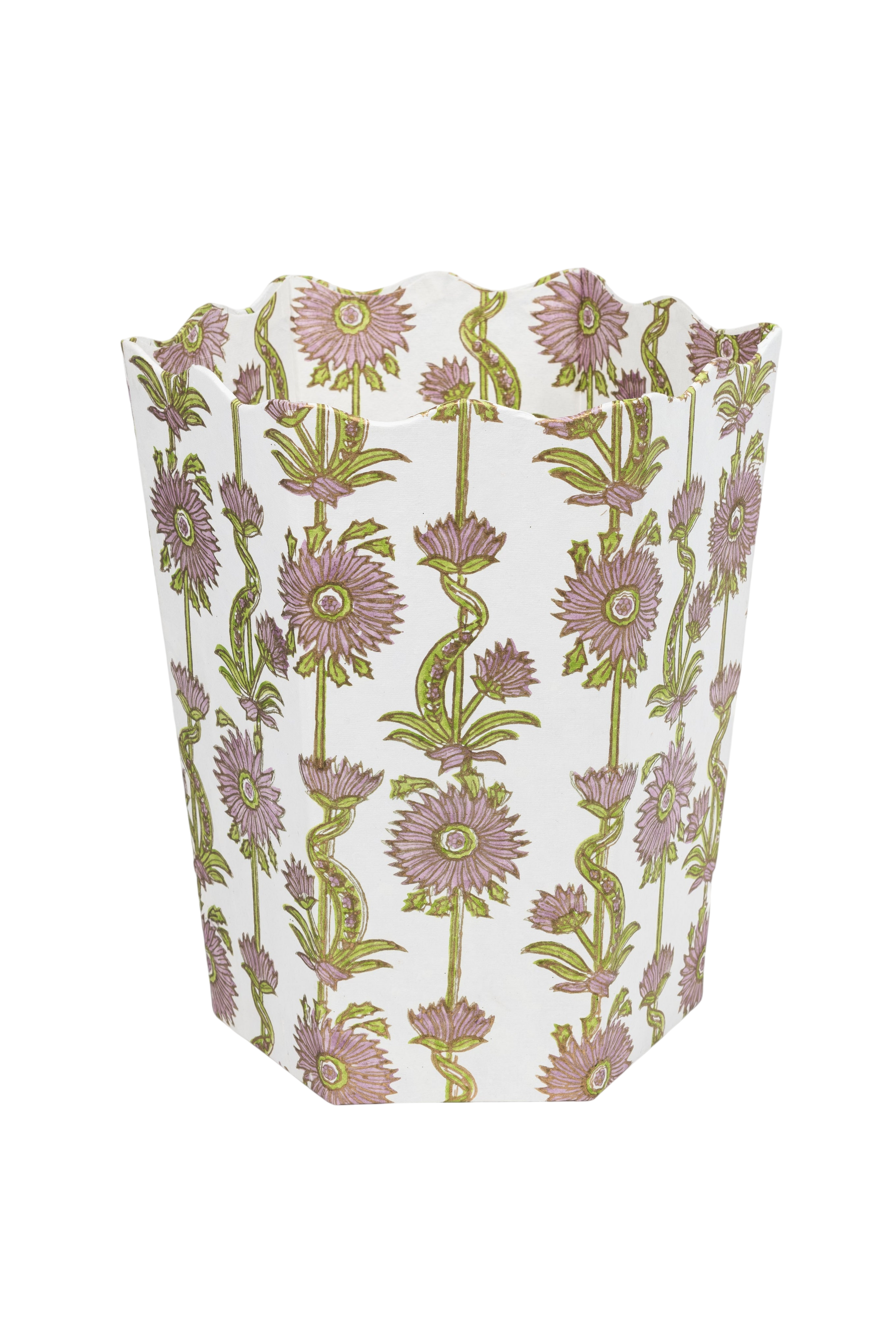 Floral Vines Blockprint Scallop Waste Bin / Storage Bin in Lilac Purple