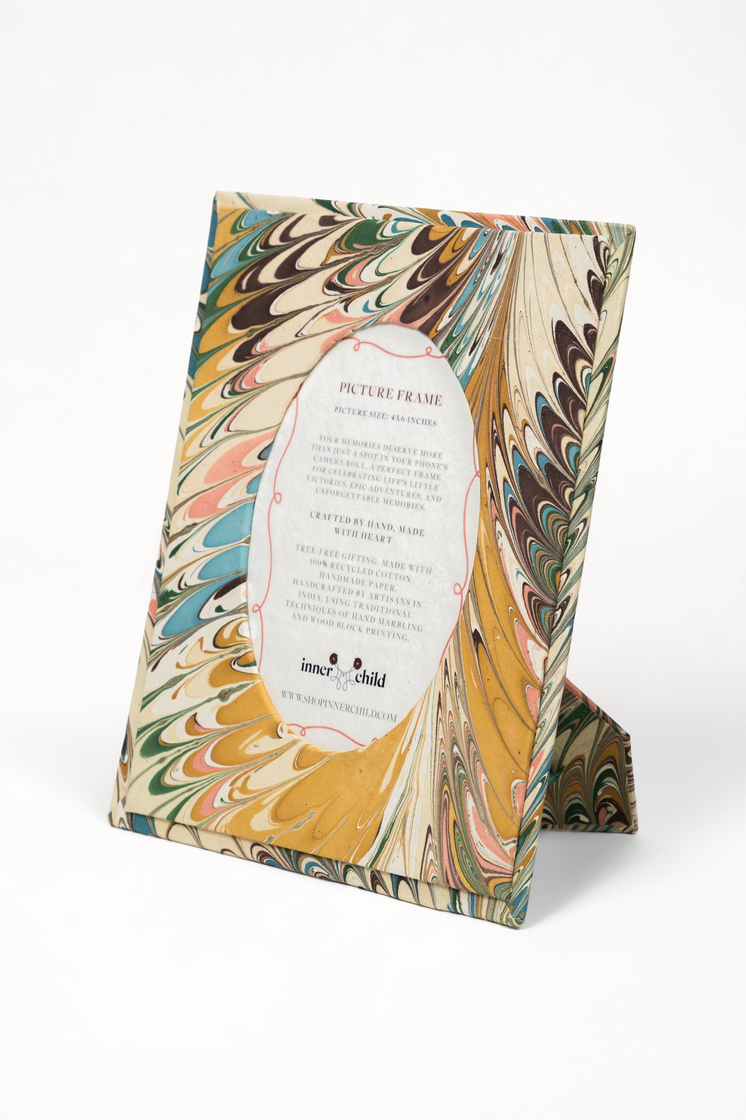 Hand-Marbled Flatiron Feathers Picture Frame with Oval Opening, 4" x 6"
