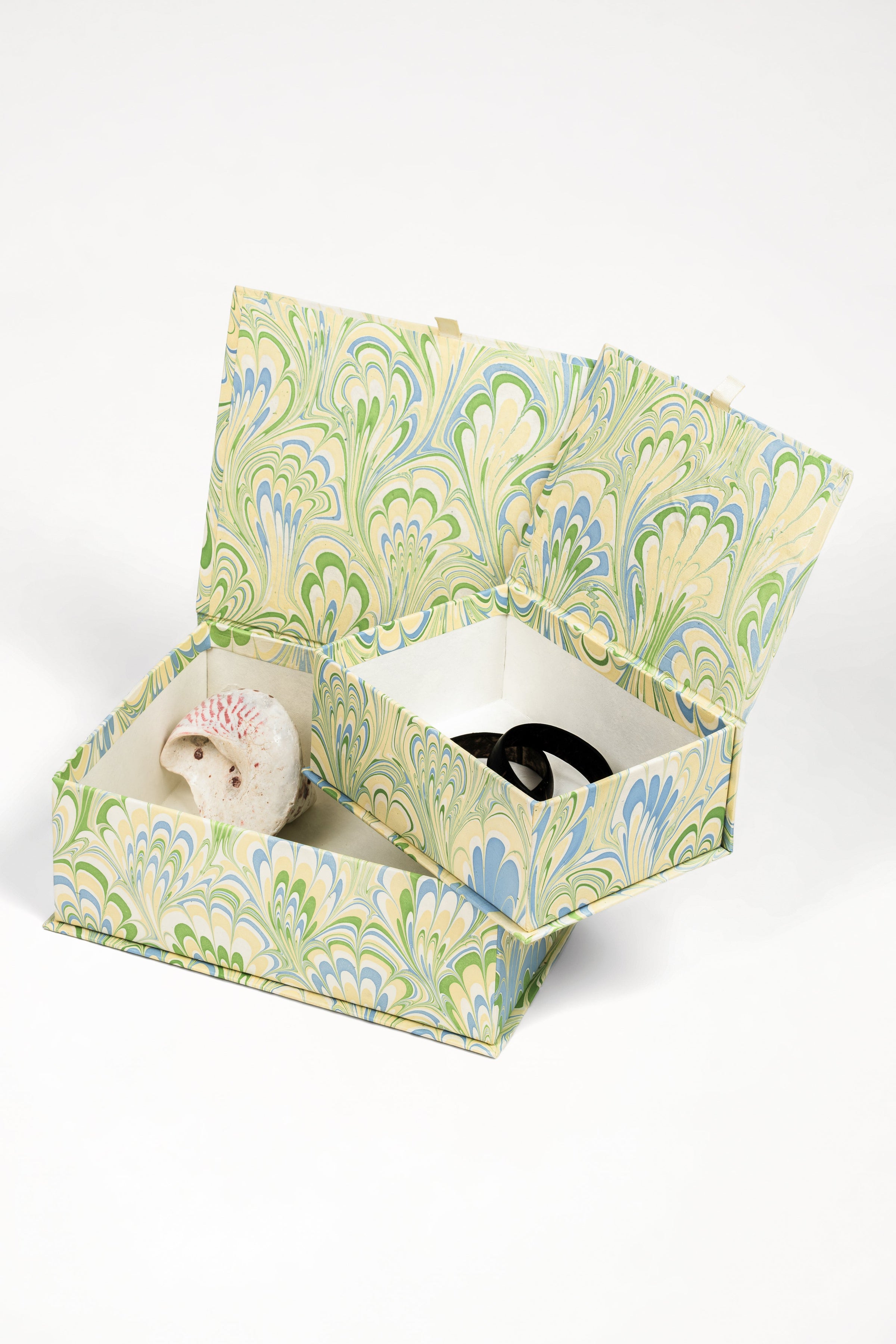 Hand-Marbled Keepsake Box Set in Seaglass Peacock