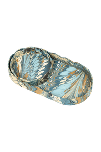 Nesting Scalloped Hand-Marbled Oval Desk Tray Set in Nila Feathers