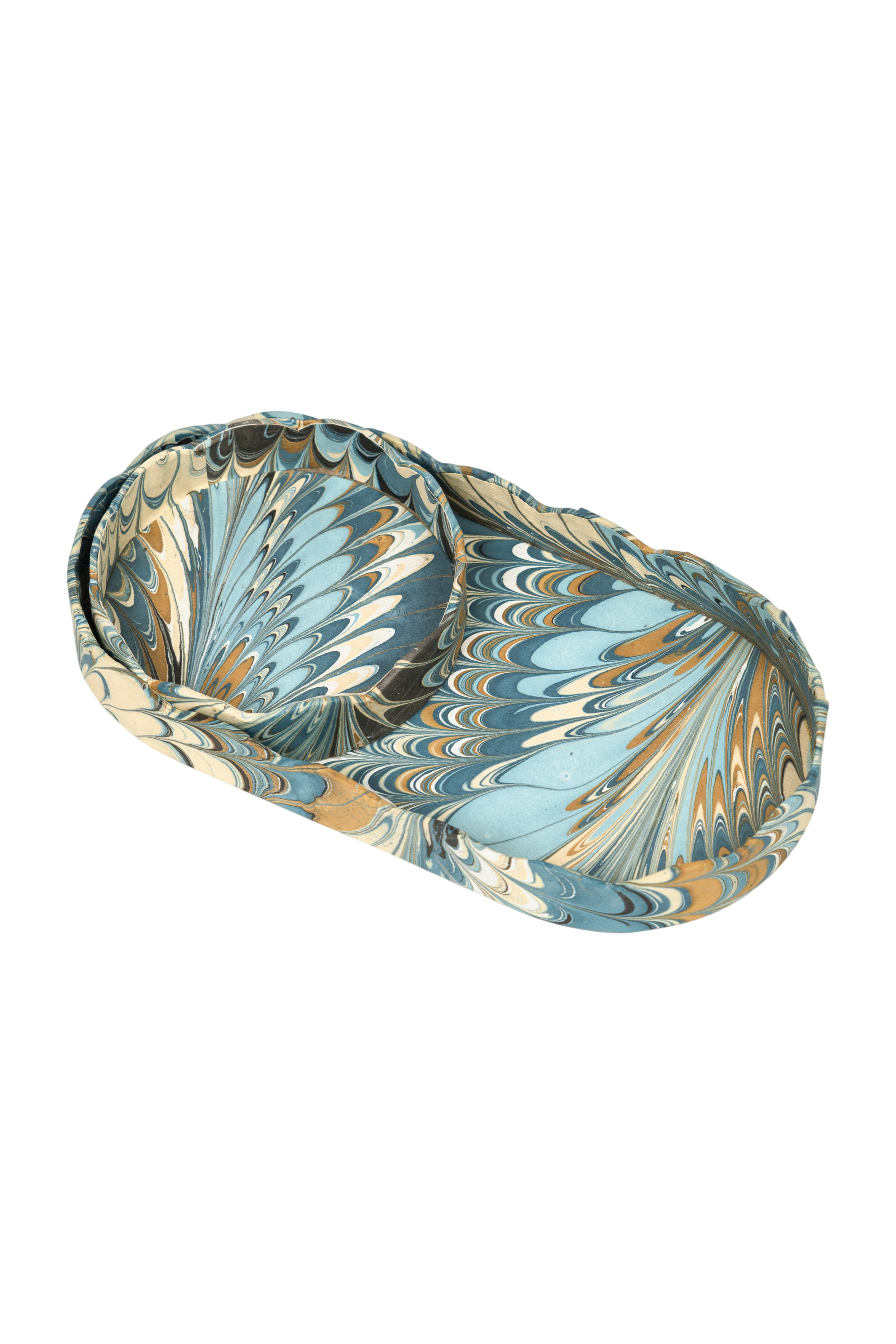 Nesting Scalloped Hand-Marbled Oval Desk Tray Set in Nila Feathers
