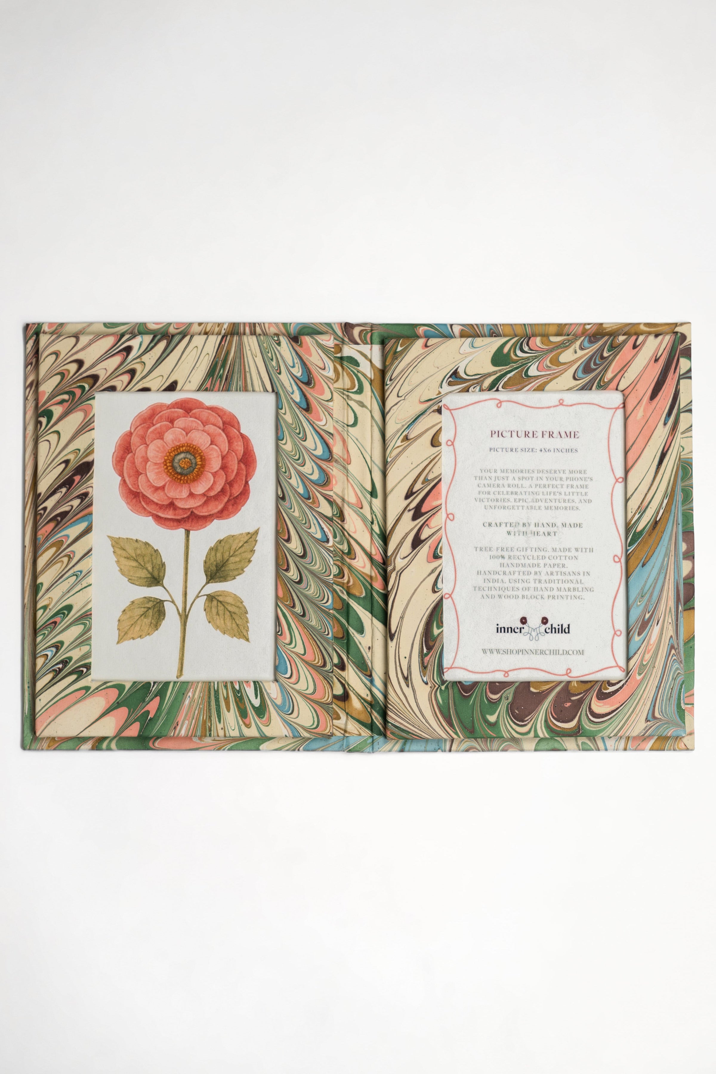 Hand-Marbled Picture Frame Folding Book, 4" x 6" in Flatiron Feathers