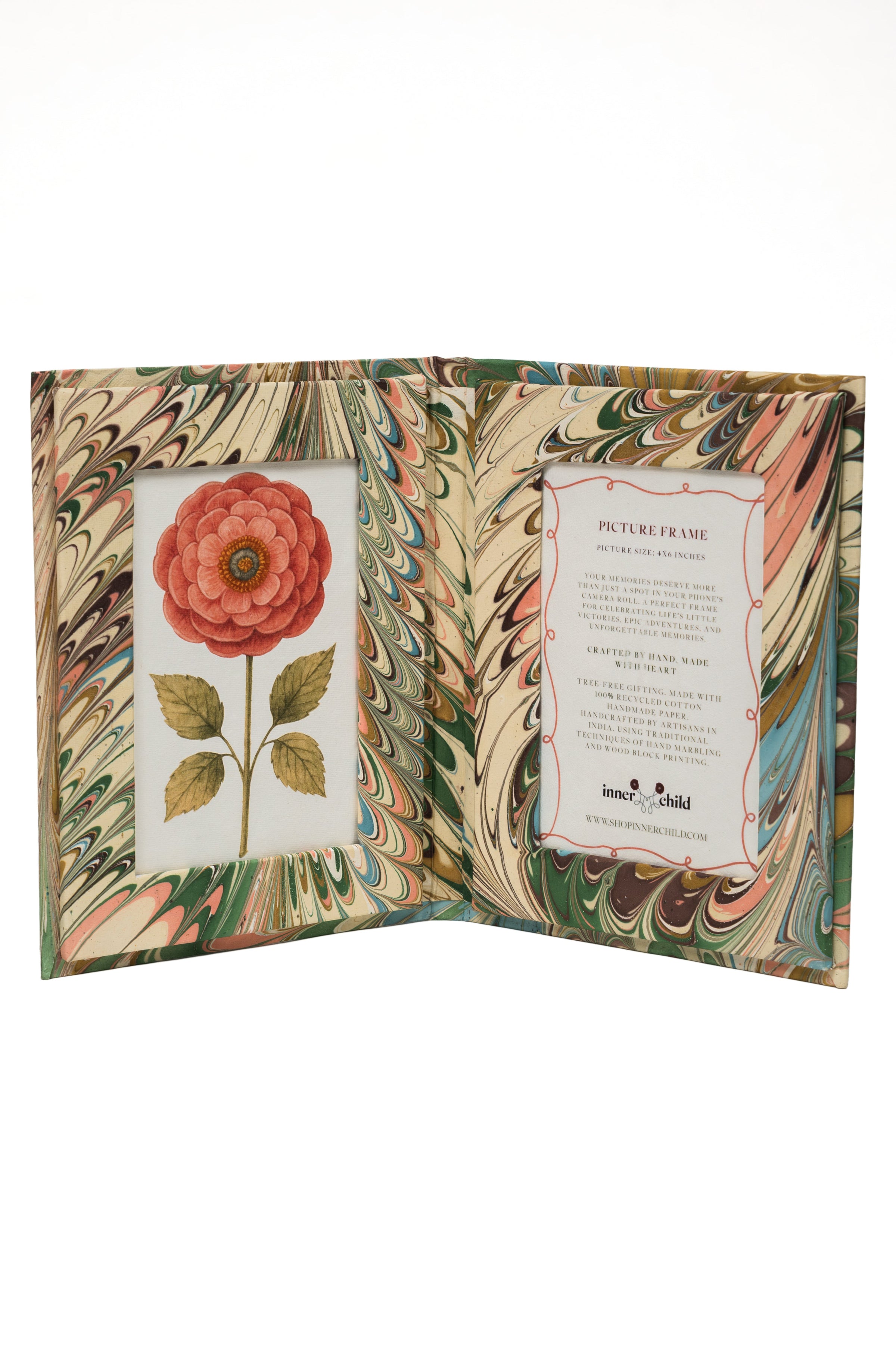 Hand-Marbled Picture Frame Folding Book, 4" x 6" in Flatiron Feathers