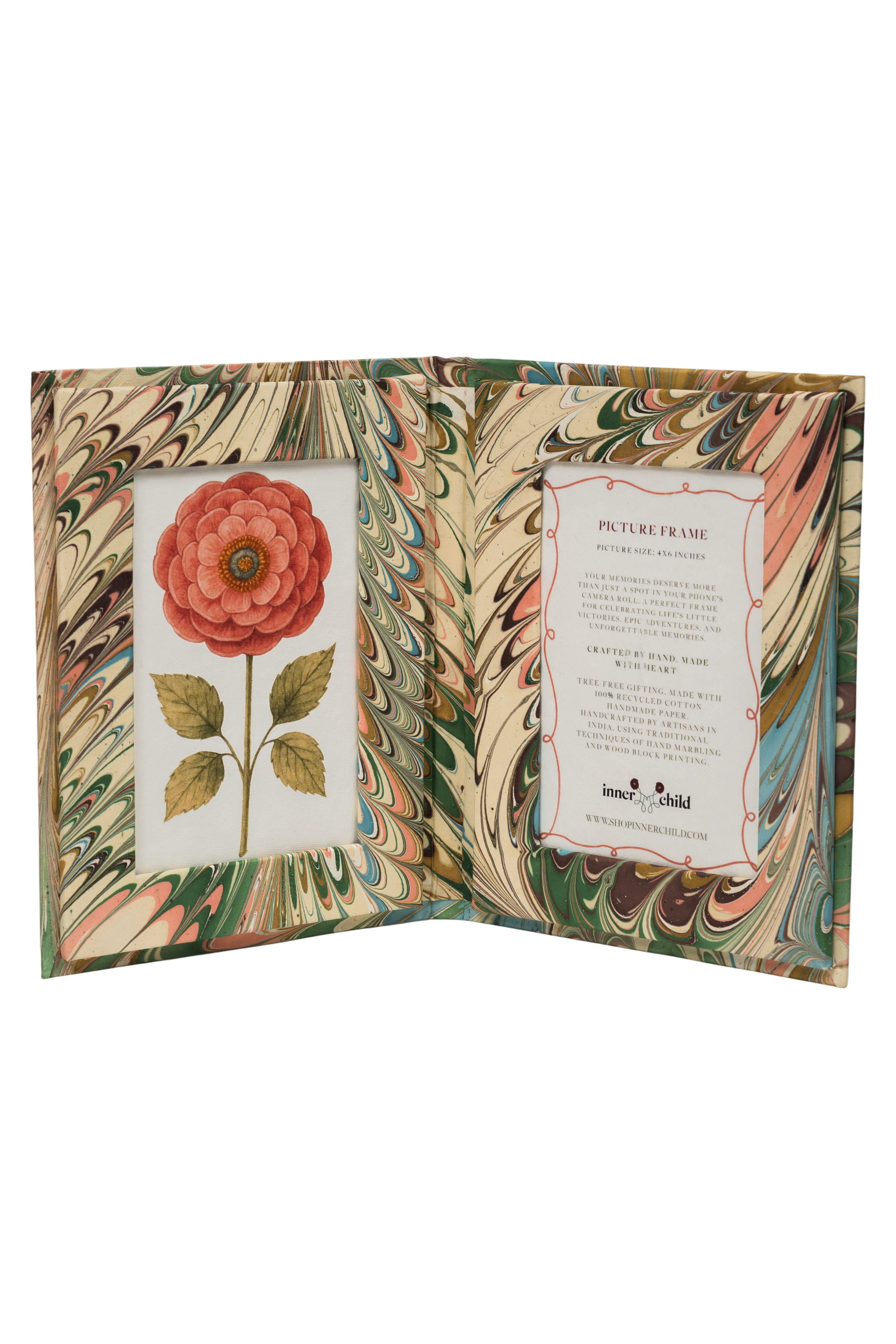 Hand-Marbled Picture Frame Folding Book, 4" x 6" in Flatiron Feathers