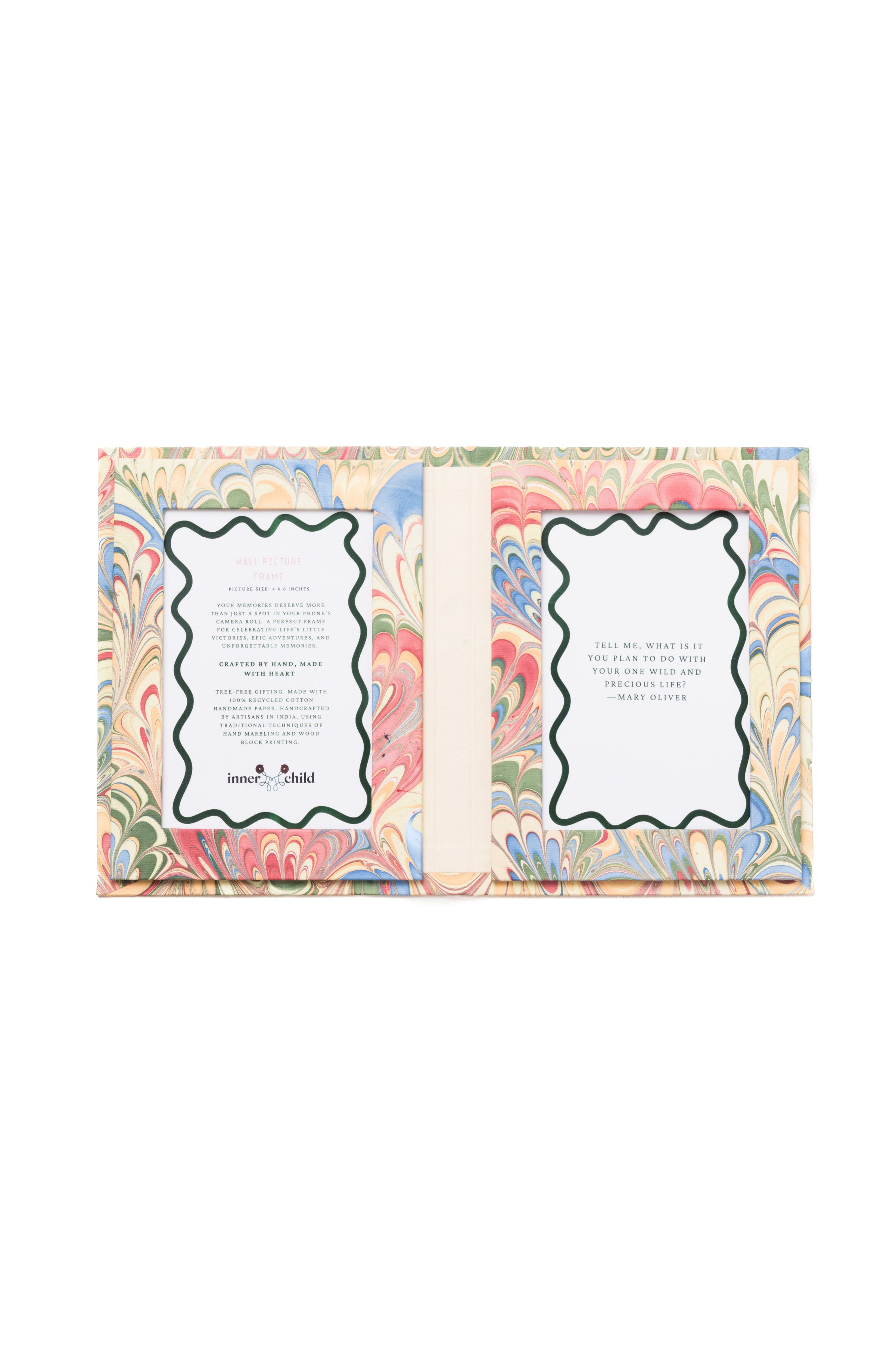 Hand Marbled Picture Frame Folding Book, 4x6 in Multicolor Marbling