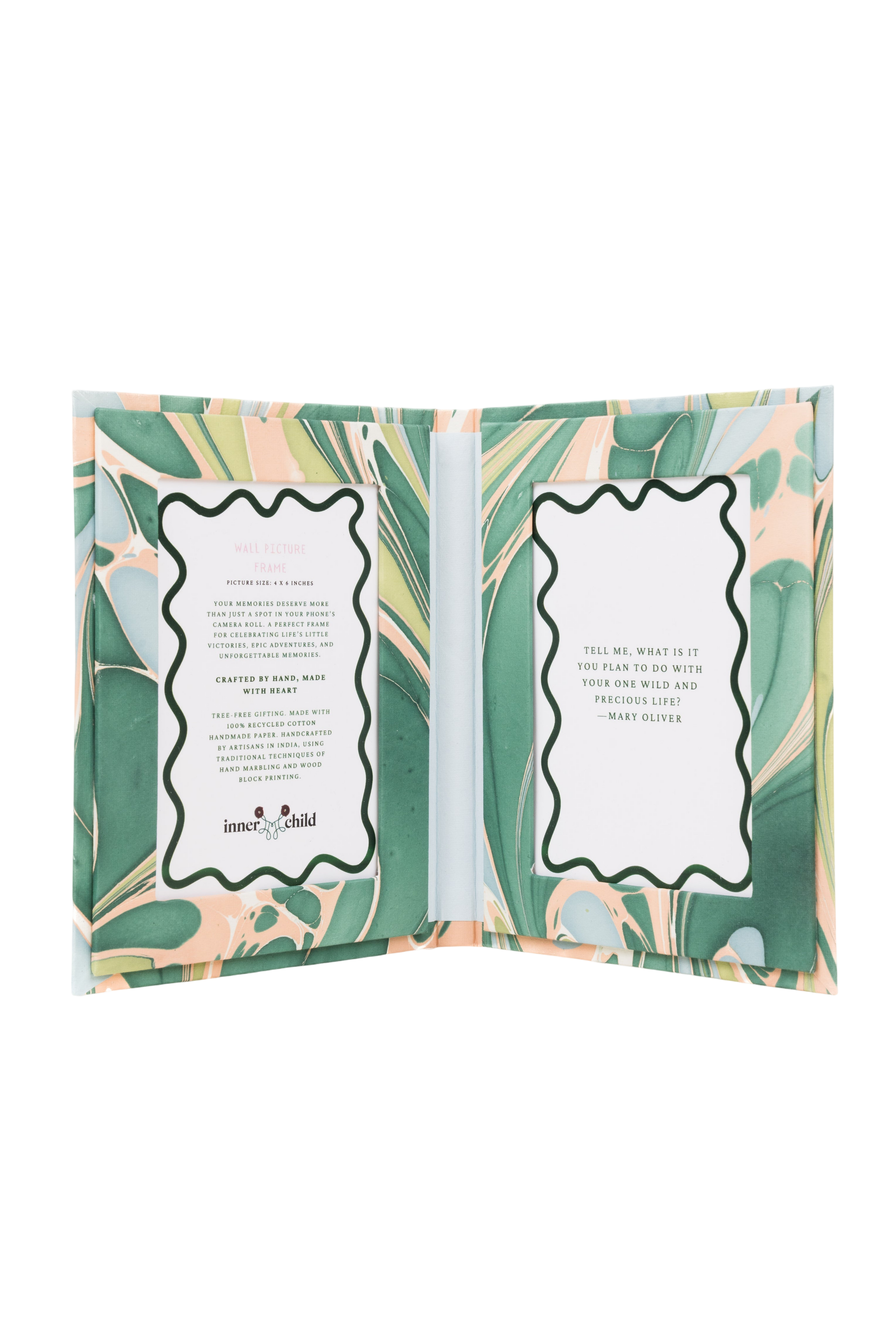Hand Marbled Picture Frame Folding Book, 4x6 in Green and Pink