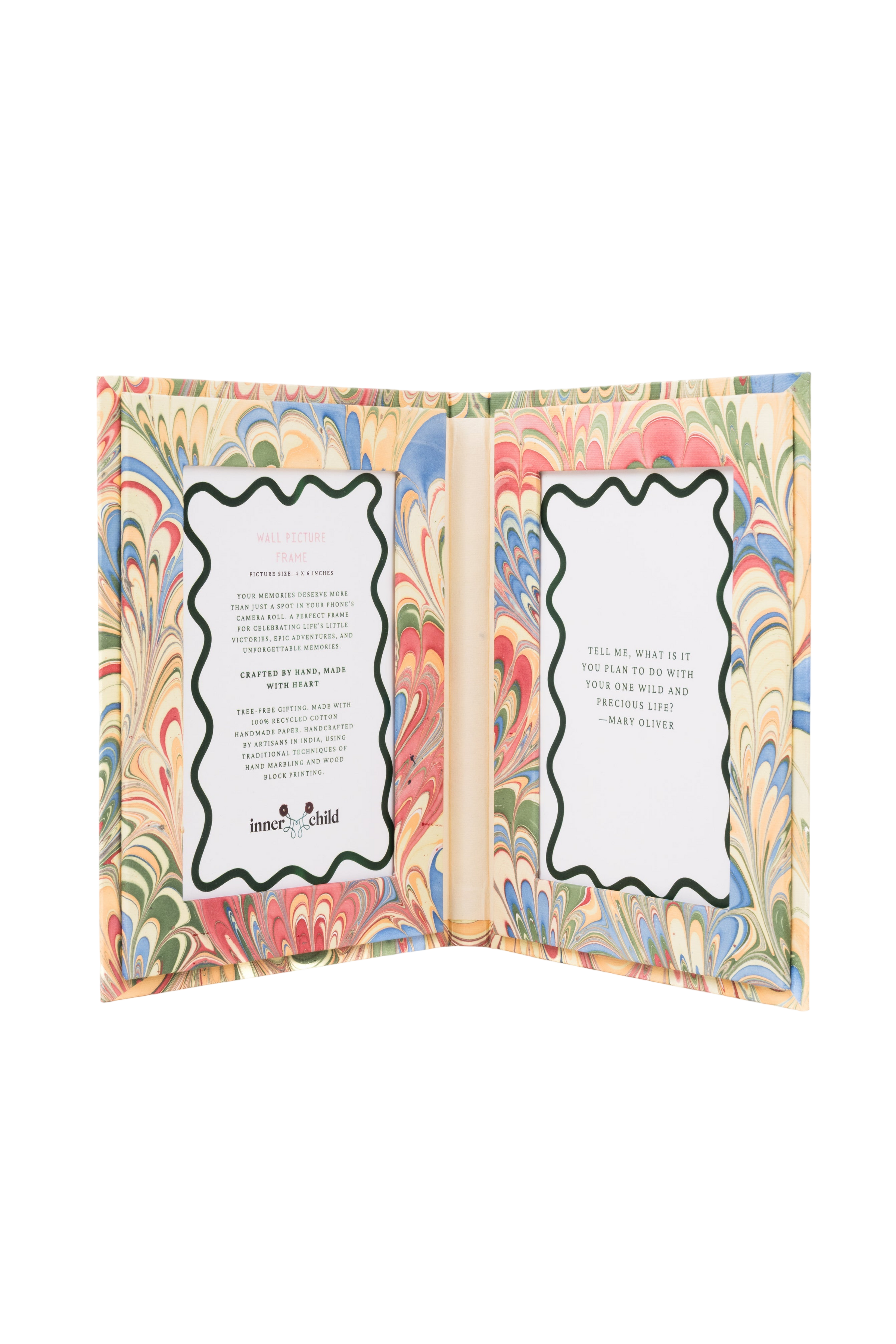 Hand Marbled Picture Frame Folding Book, 4x6 in Multicolor Marbling