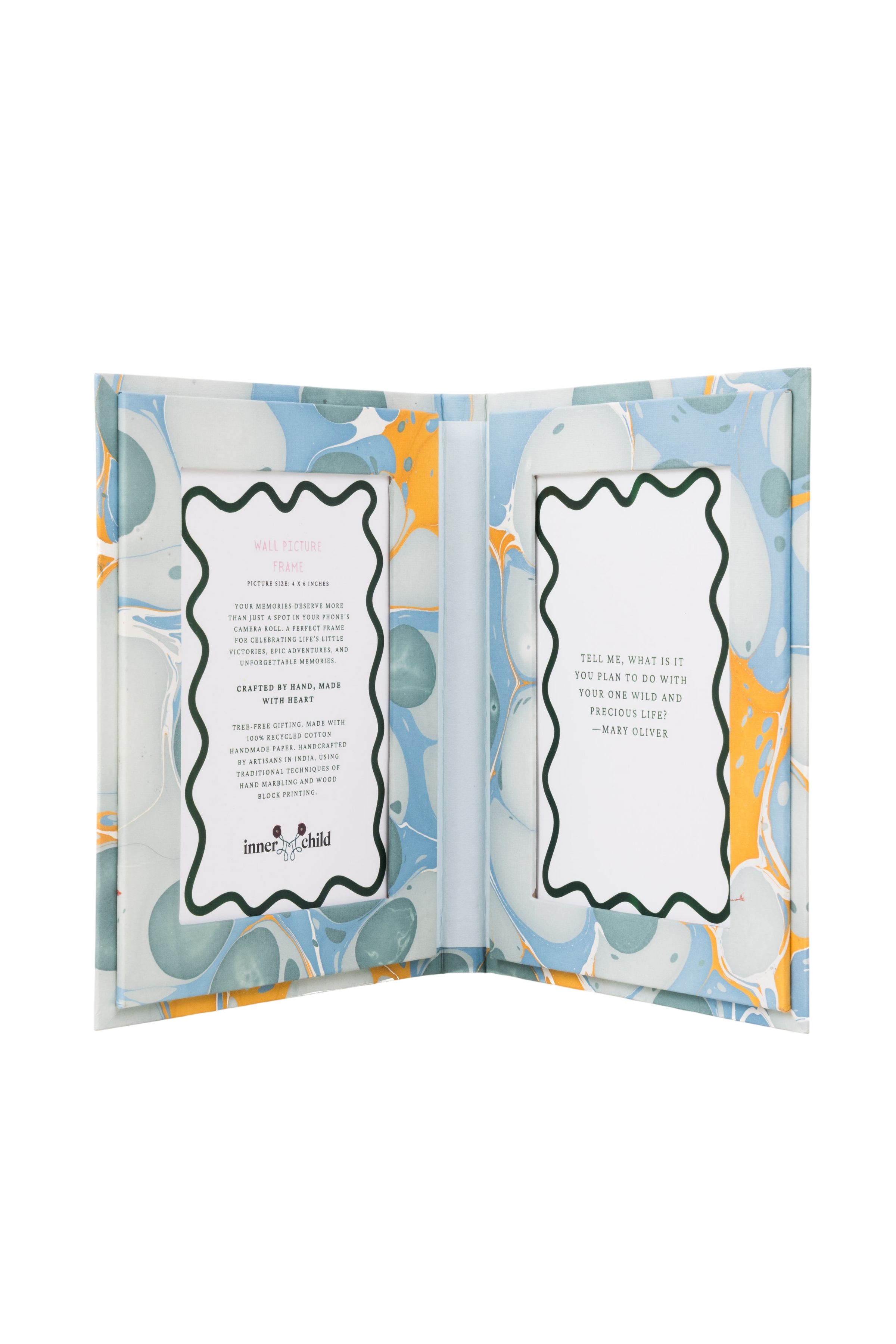Hand Marbled Picture Frame Folding Book, 4x6 in Grey and Blue