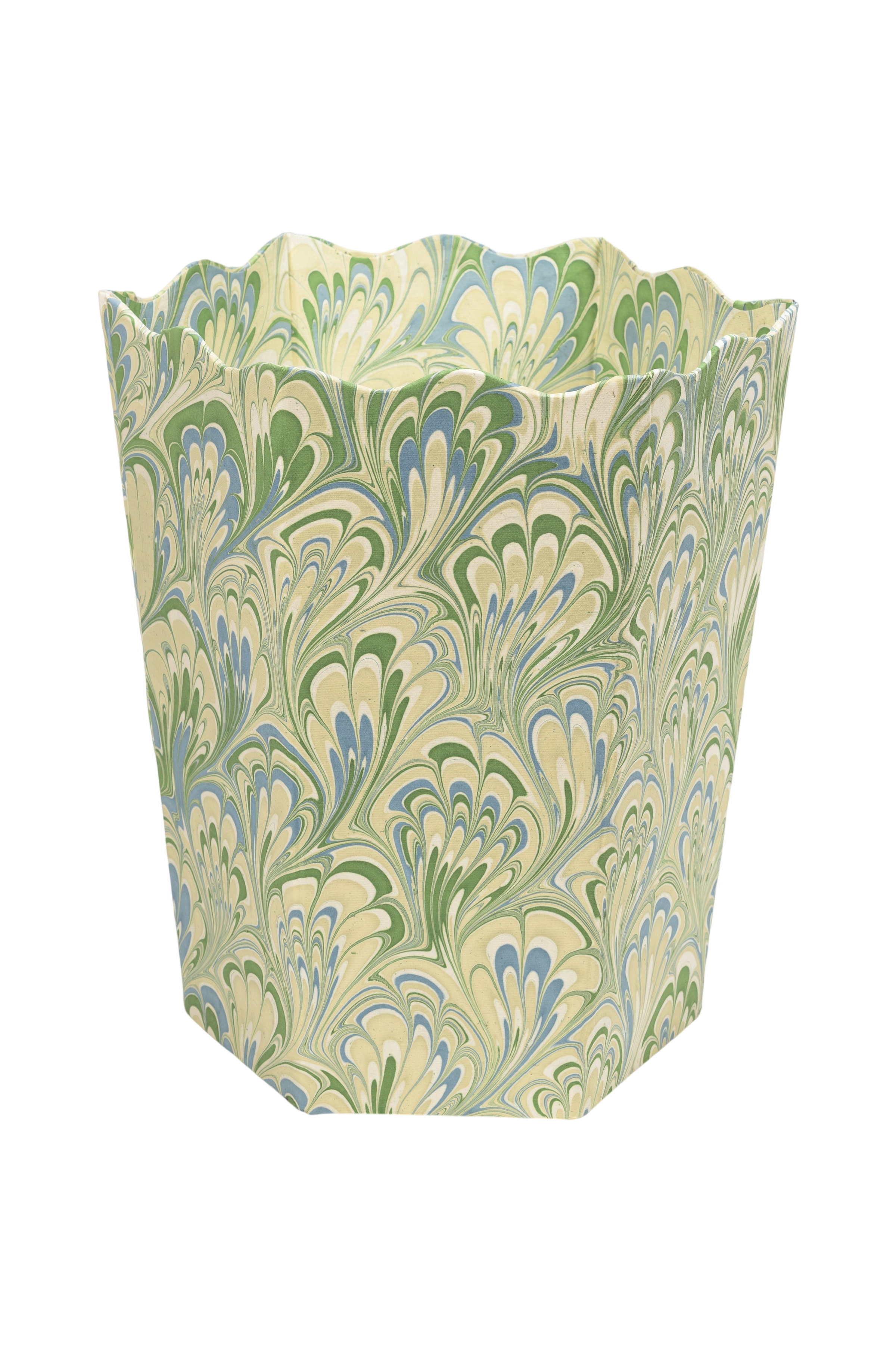 Hand-Marbled Scallop Waste Bin / Storage Bin in Seaglass Peacock