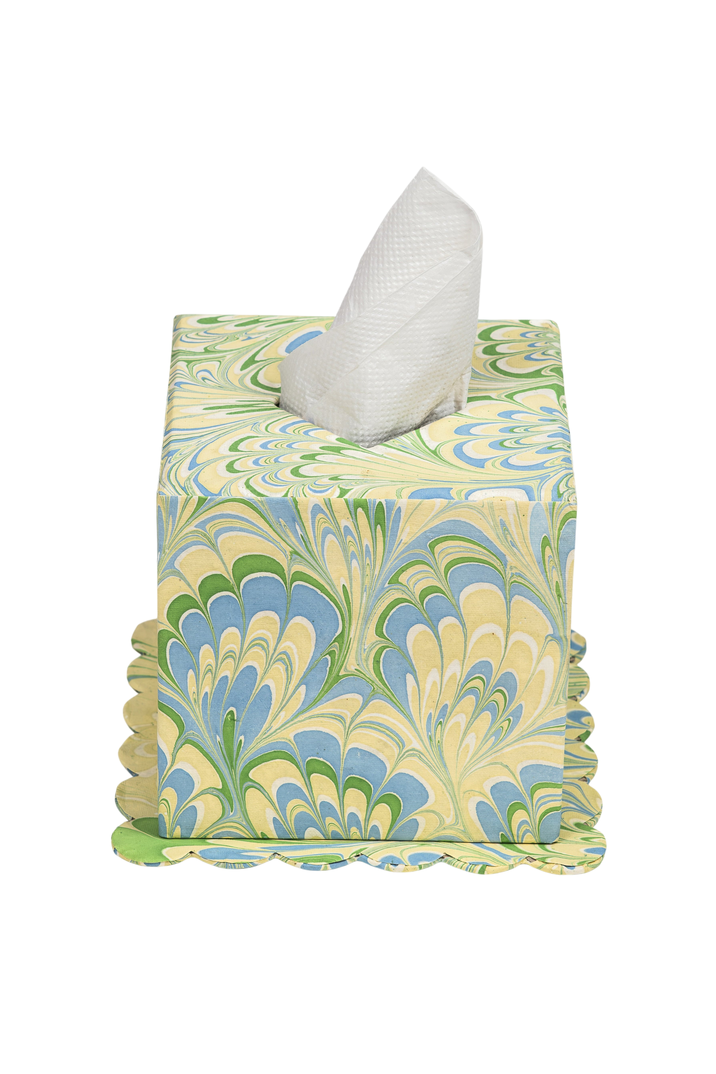 Hand-Marbled Scallop Tissue Box Cover in Seaglass Peacock