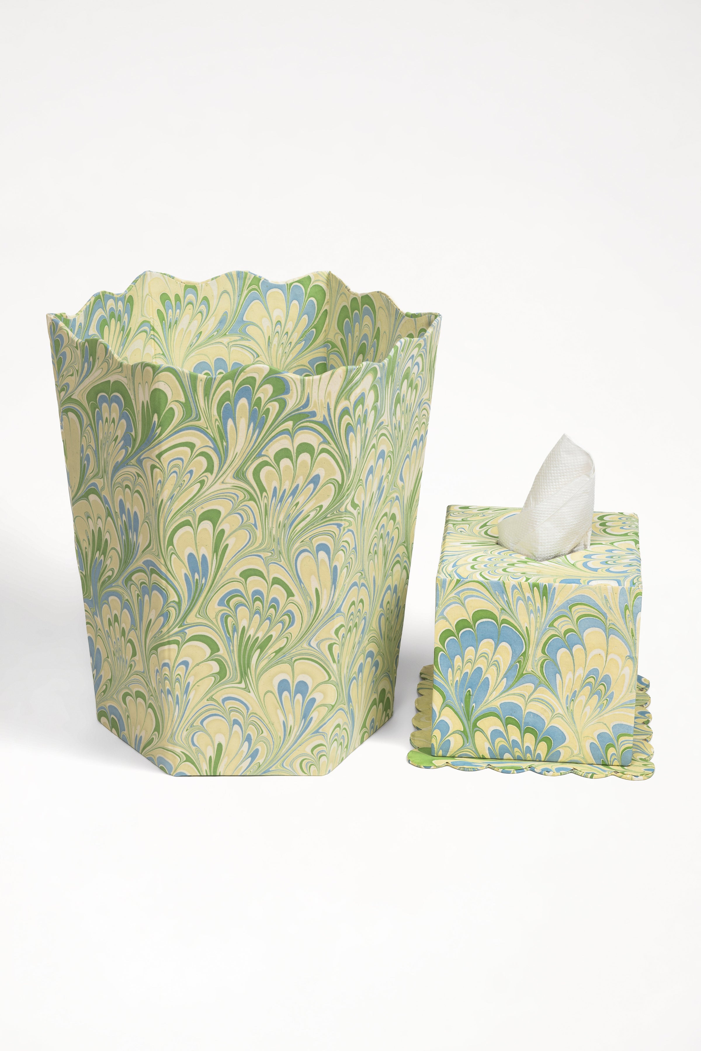 Hand-Marbled Scallop Tissue Box Cover in Seaglass Peacock
