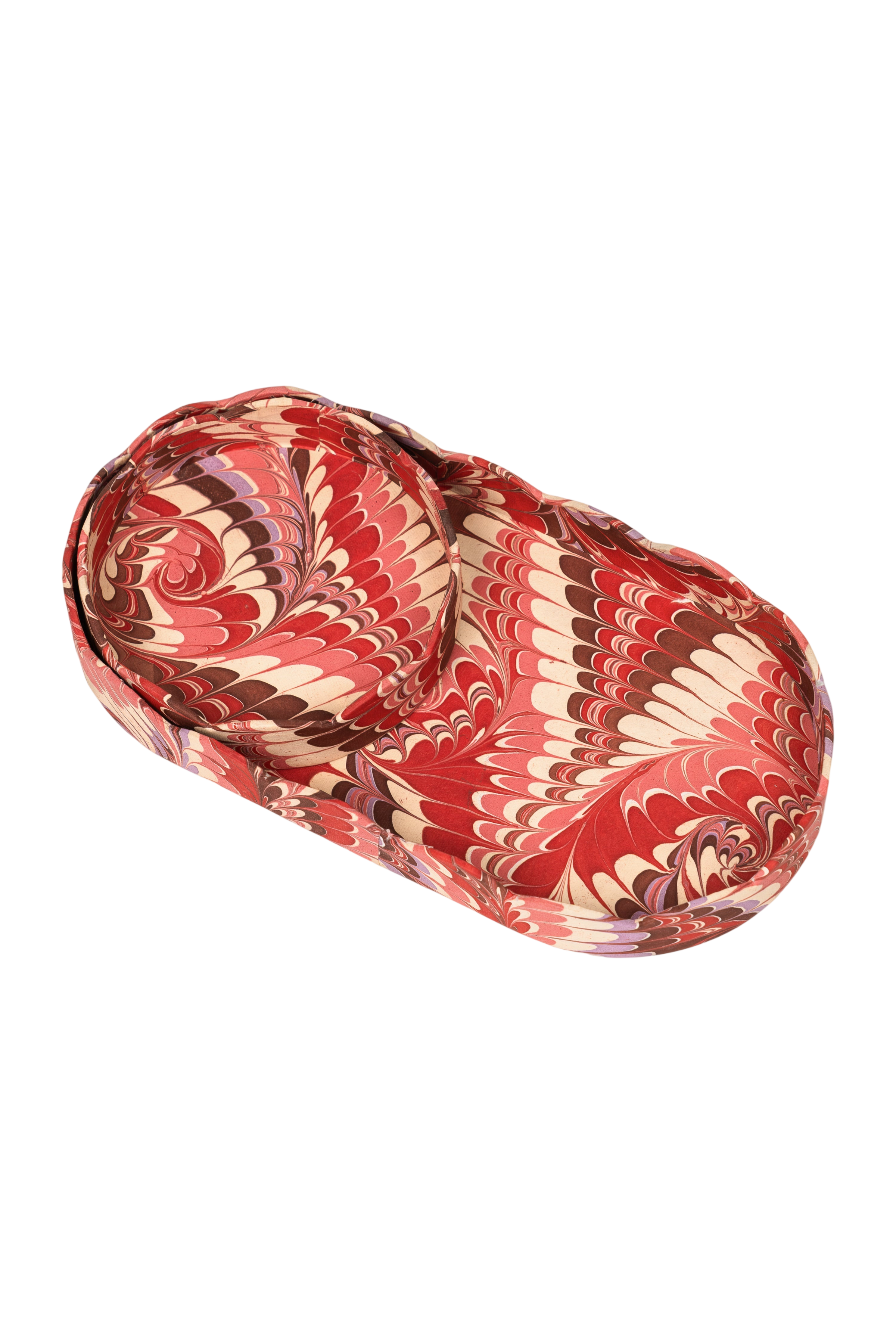 Nesting Scalloped Hand-Marbled Oval Desk Tray Set in Florentine Pink