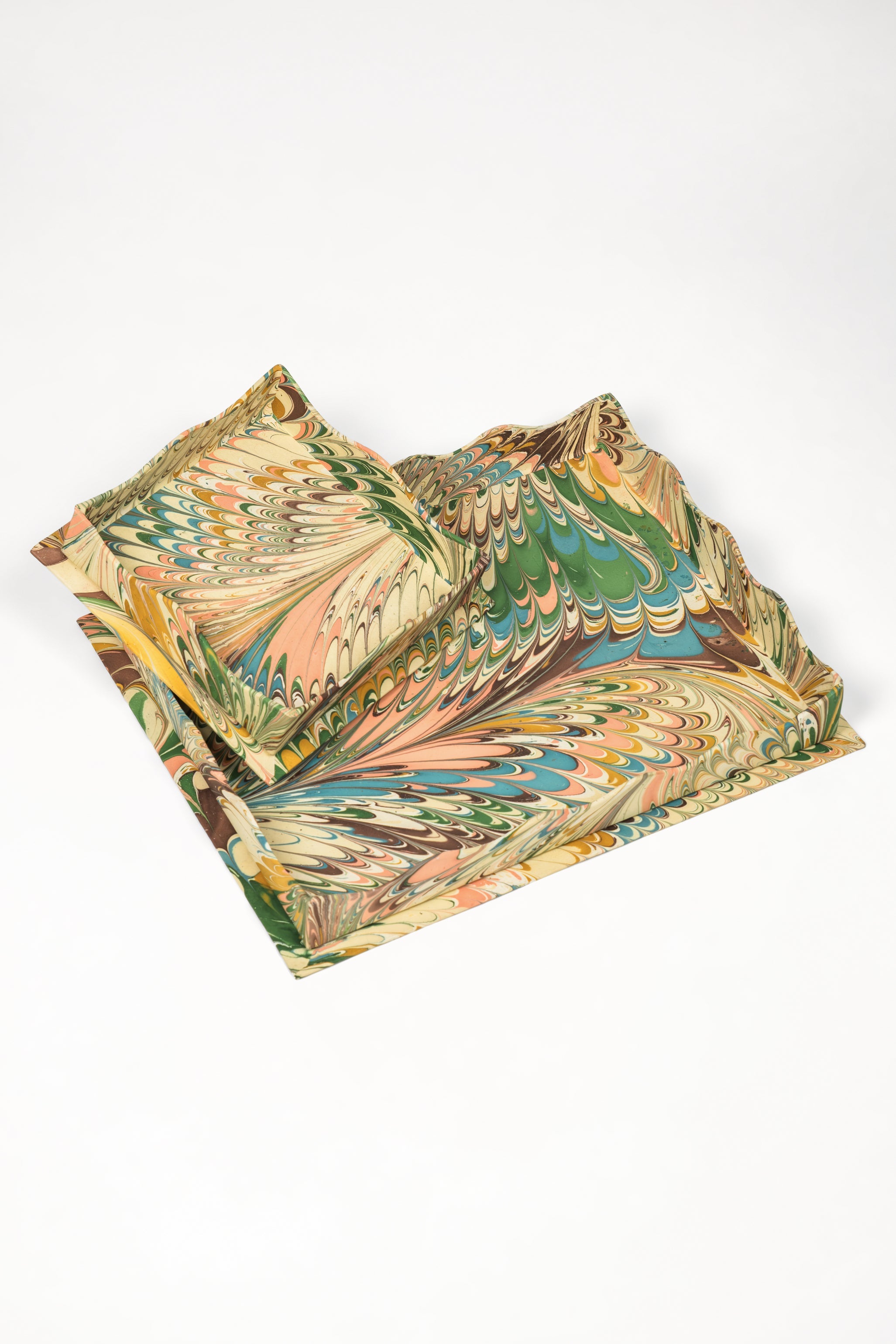 Nesting Scalloped Hand-Marbled Trays in Flatiron Feathers