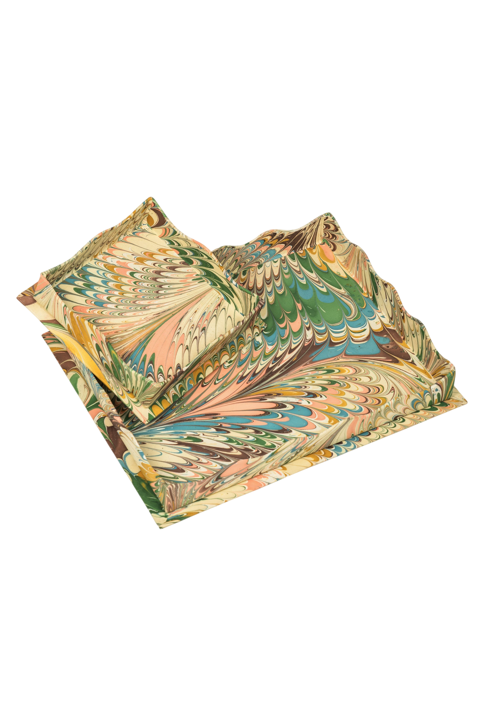 Nesting Scalloped Hand-Marbled Trays in Flatiron Feathers