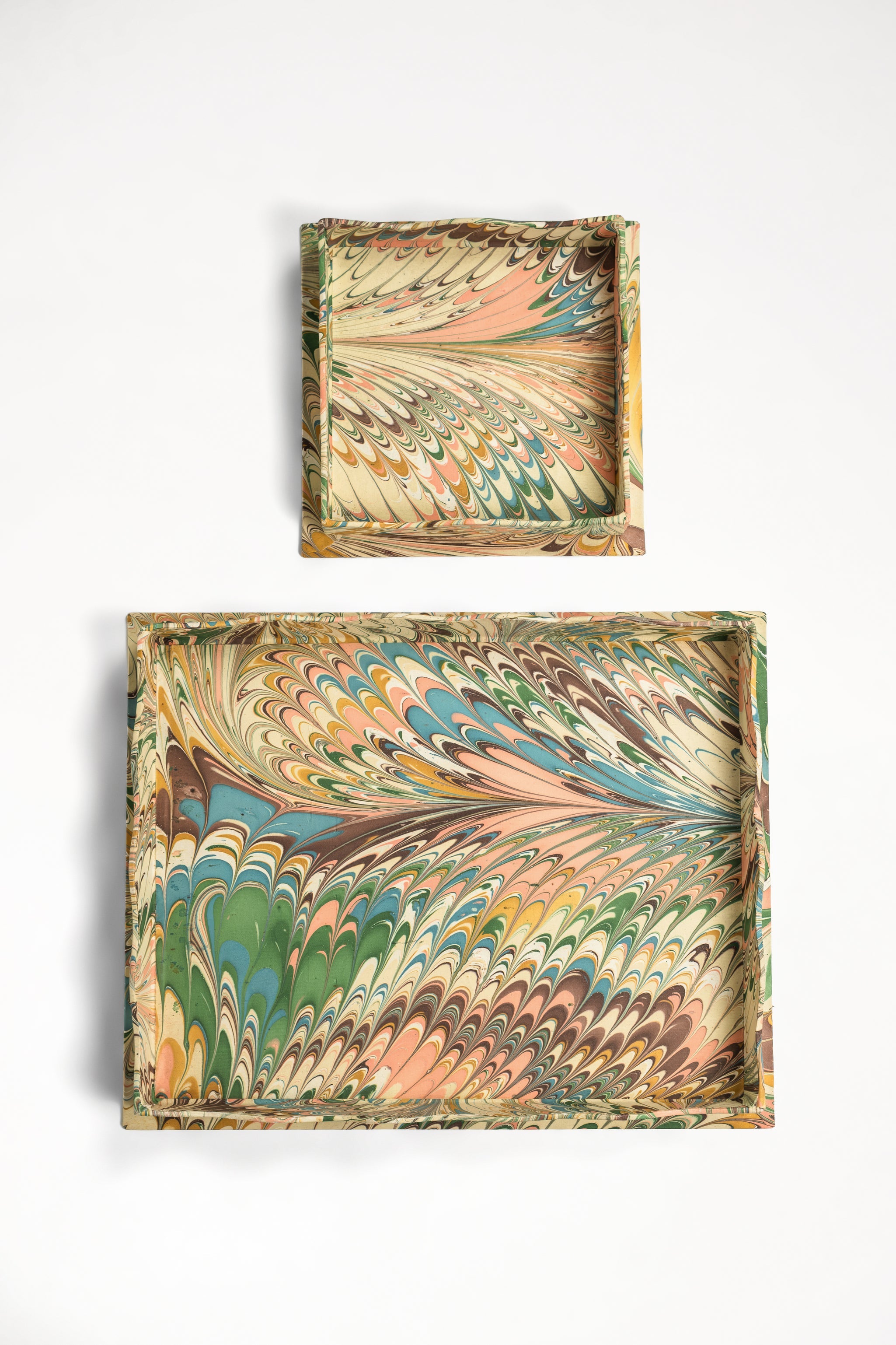 Nesting Scalloped Hand-Marbled Trays in Flatiron Feathers