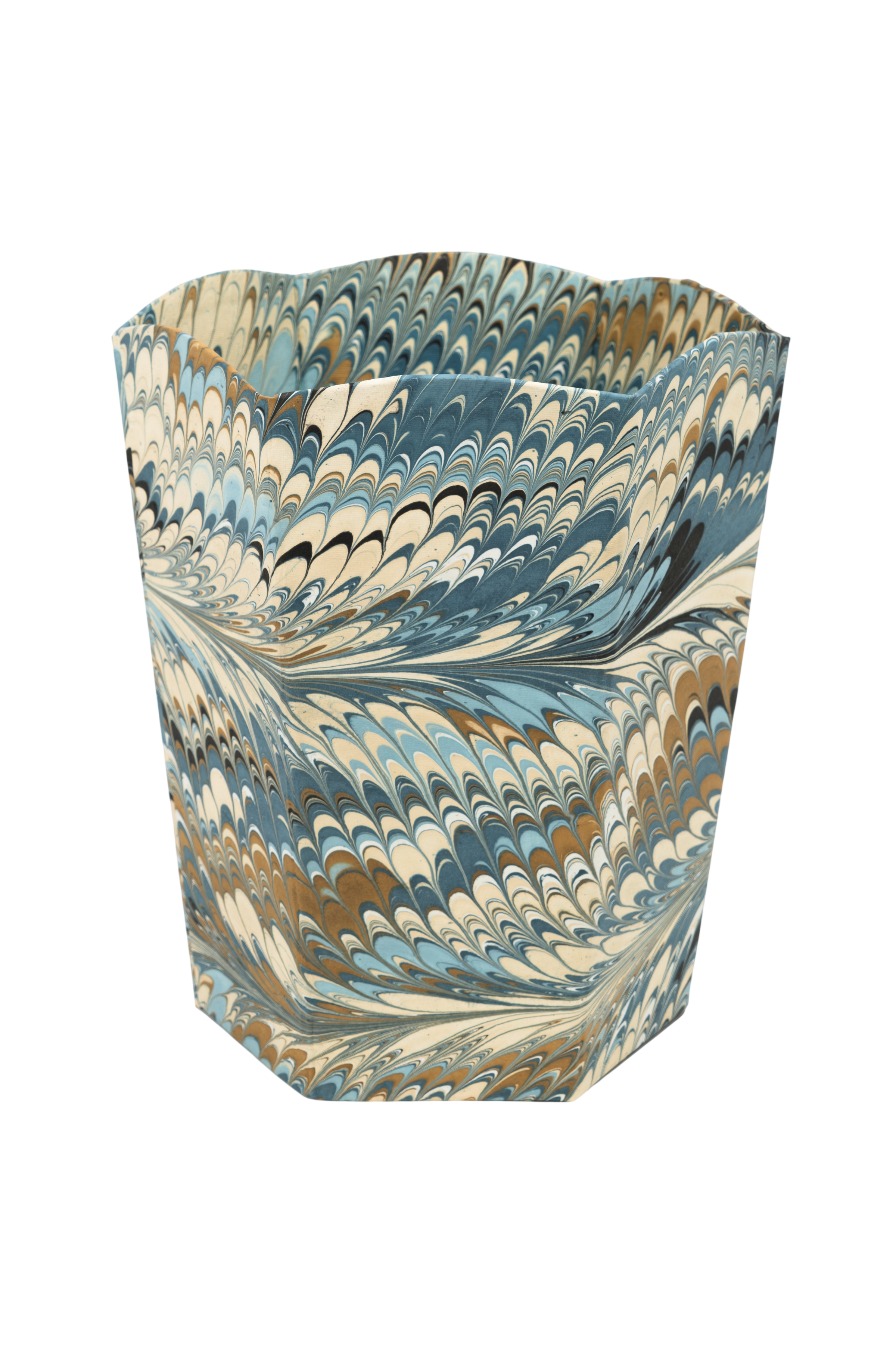 Hand-Marbled Scallop Waste Bin / Storage Bin in Nila Feathers