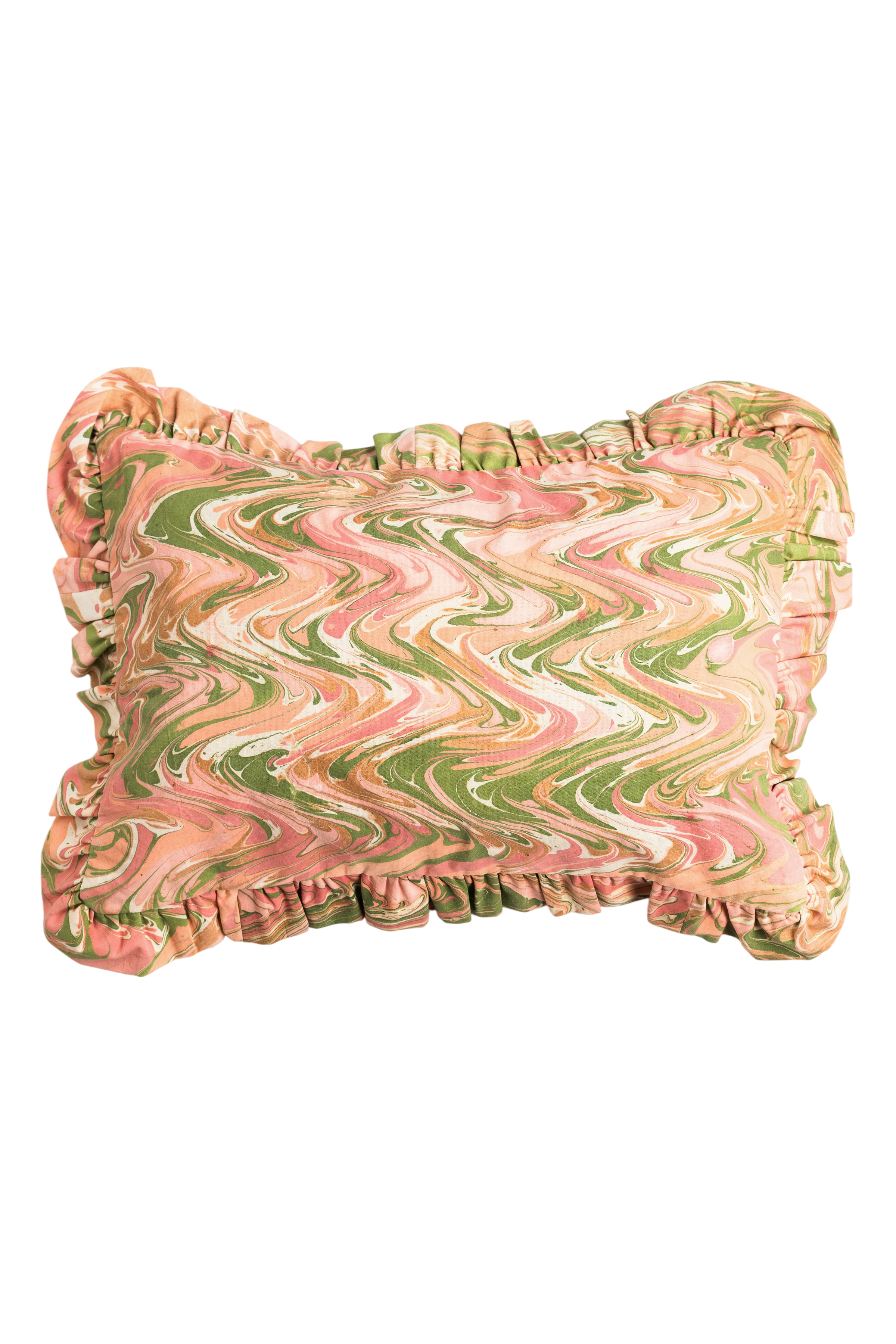 Peony Bloom Ruffled Hand-Marbled Pillow, 14x20